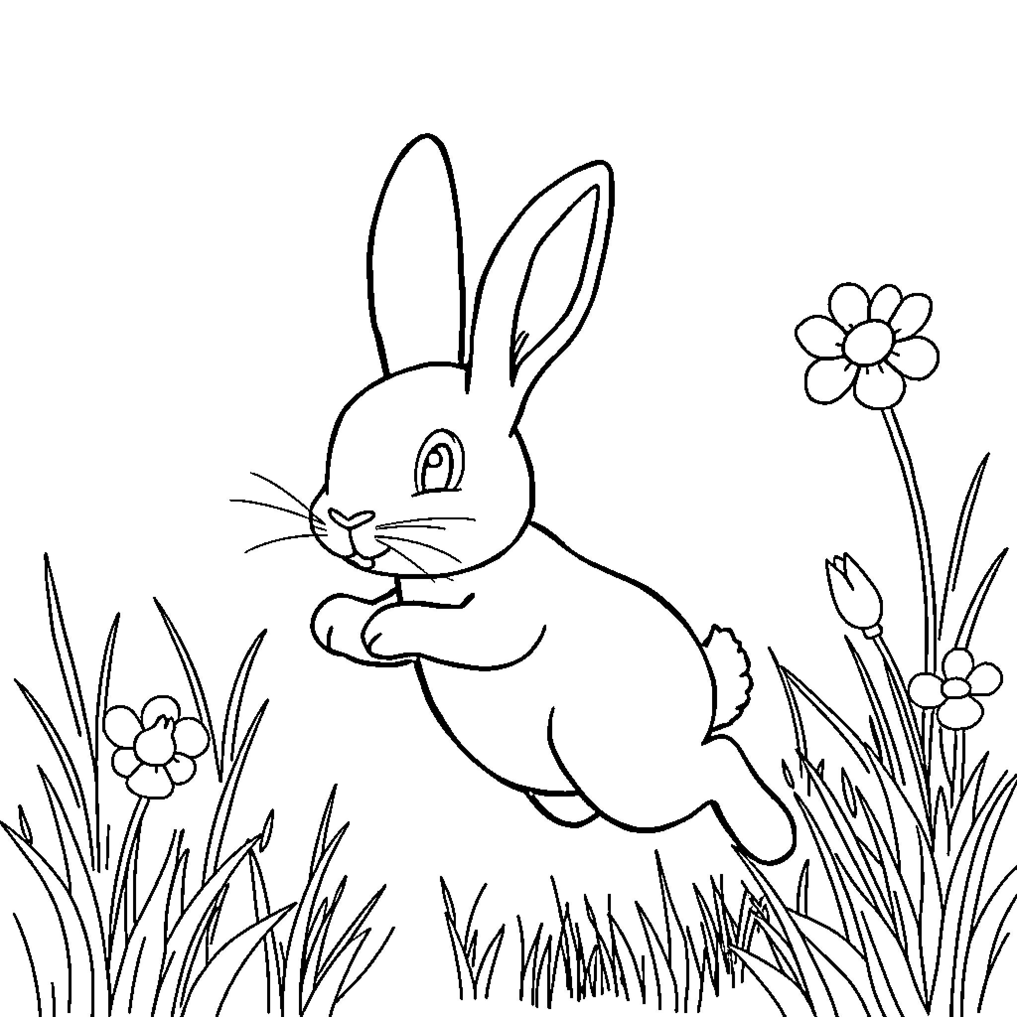 Rabbit frolicking through the garden Coloring Page (free black-and-white line drawing printable PDF for all, from beginners to advanced learners, including children, teens, adults, and seniors)