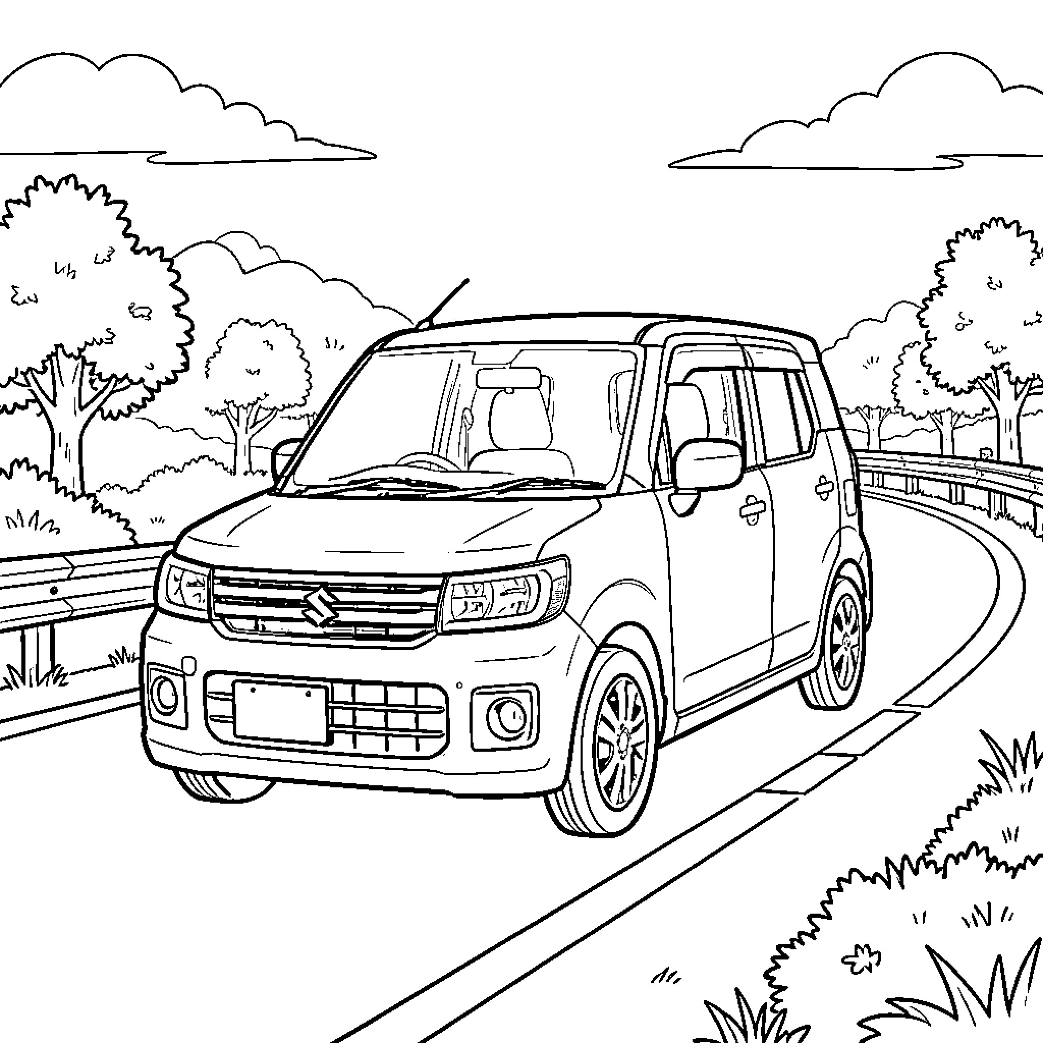 Car driving along a winding scenic road Coloring Page (free black-and-white line drawing printable PDF for all, from beginners to advanced learners, including children, teens, adults, and seniors)