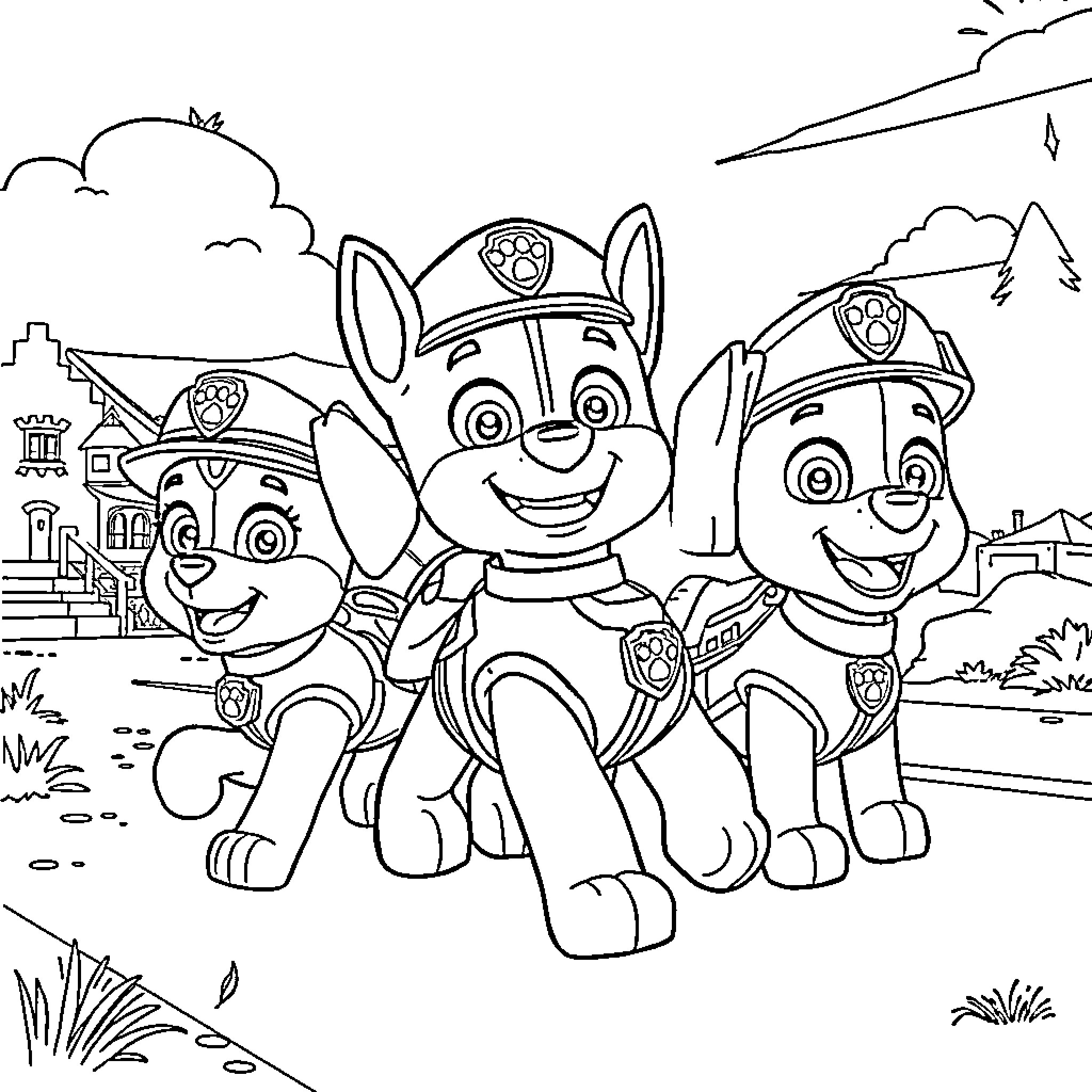 Paw Patrol Pups in Action Coloring Page (free black-and-white line drawing printable PDF for all, from beginners to advanced learners, including children, teens, adults, and seniors)