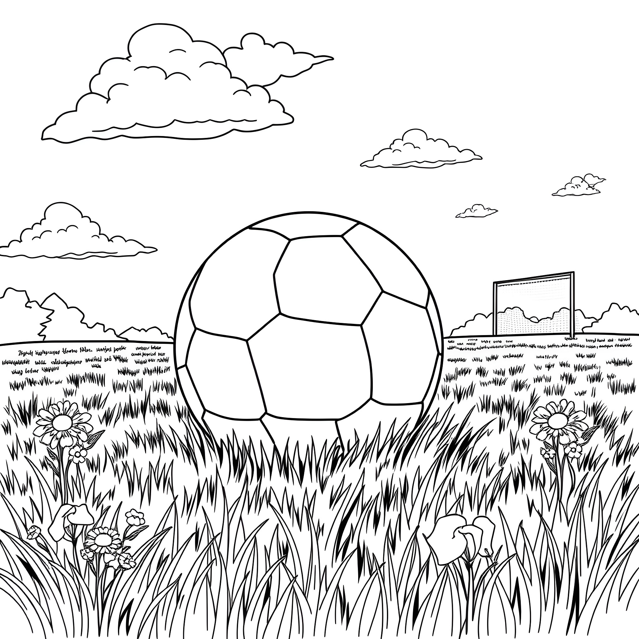 Soccer Ball in the Grassy Field Coloring Page (free black-and-white line drawing printable PDF for all, from beginners to advanced learners, including children, teens, adults, and seniors)