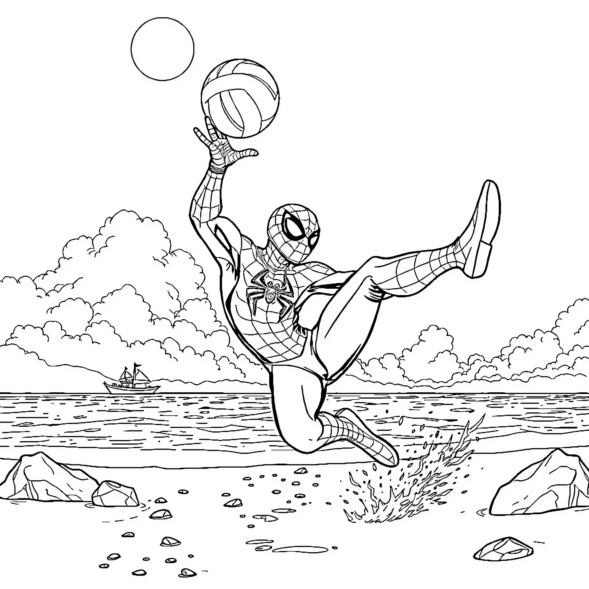Spiderman leaping and shooting web in action-packed scene Coloring Page (free black-and-white line drawing printable PDF for all, from beginners to advanced learners, including children, teens, adults, and seniors)