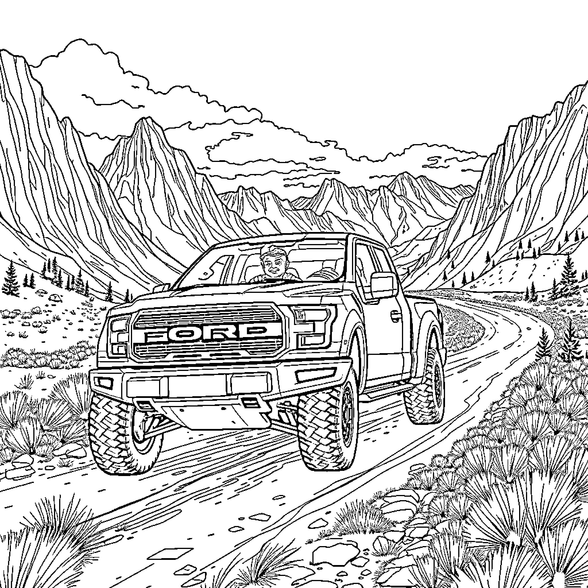 Papa's Mighty Ford Pickup on Mountain Adventure Coloring Page (free black-and-white line drawing printable PDF for all, from beginners to advanced learners, including children, teens, adults, and seniors)