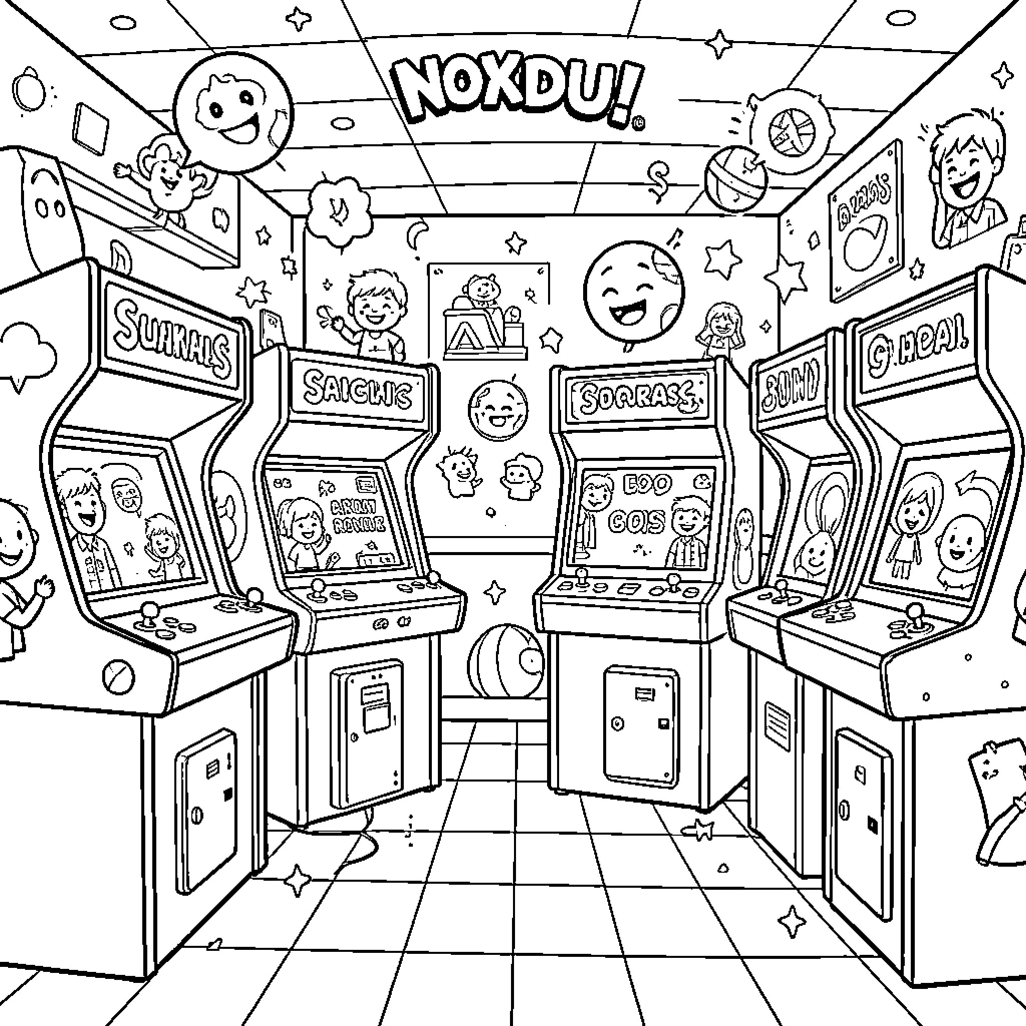 Arcade Game machines in a lively gaming room Coloring Page (free black-and-white line drawing printable PDF for all, from beginners to advanced learners, including children, teens, adults, and seniors)