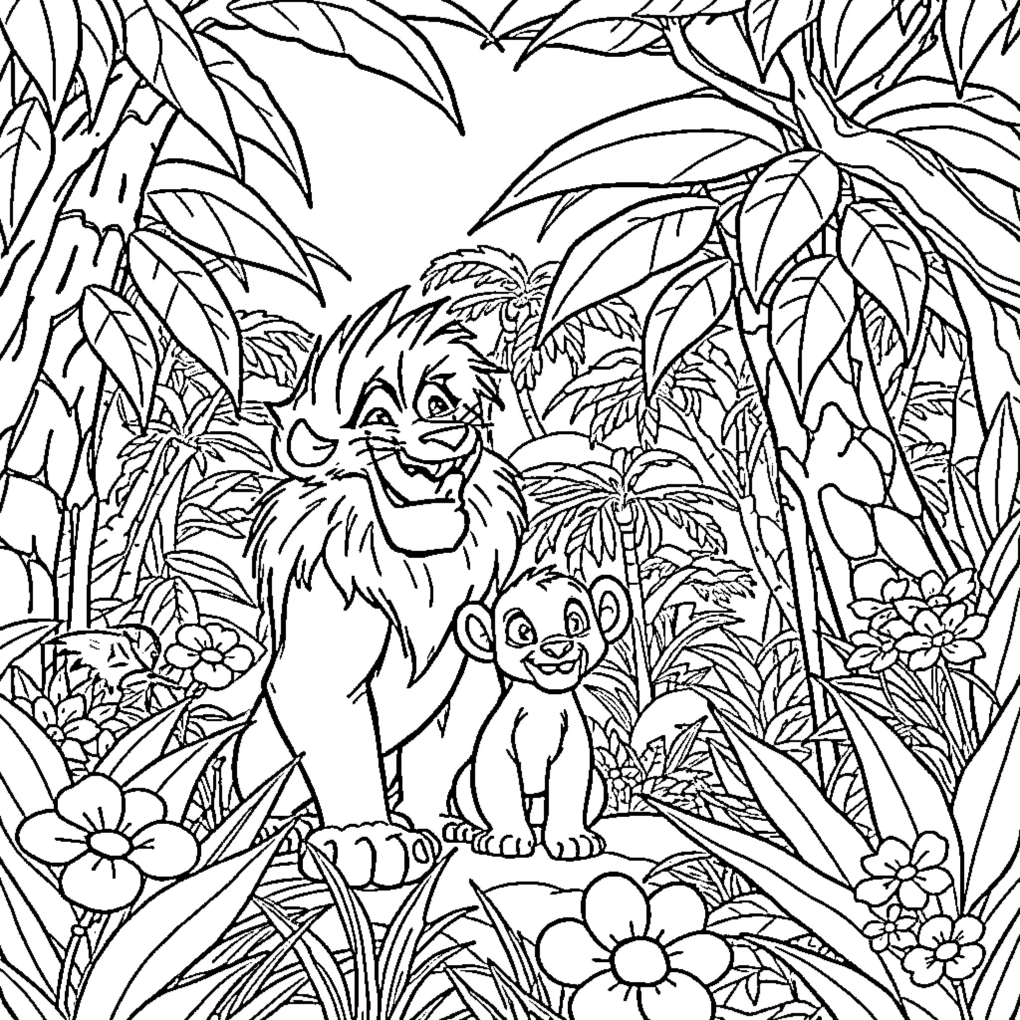 Simba and Nala explore the jungle together Coloring Page (free black-and-white line drawing printable PDF for all, from beginners to advanced learners, including children, teens, adults, and seniors)