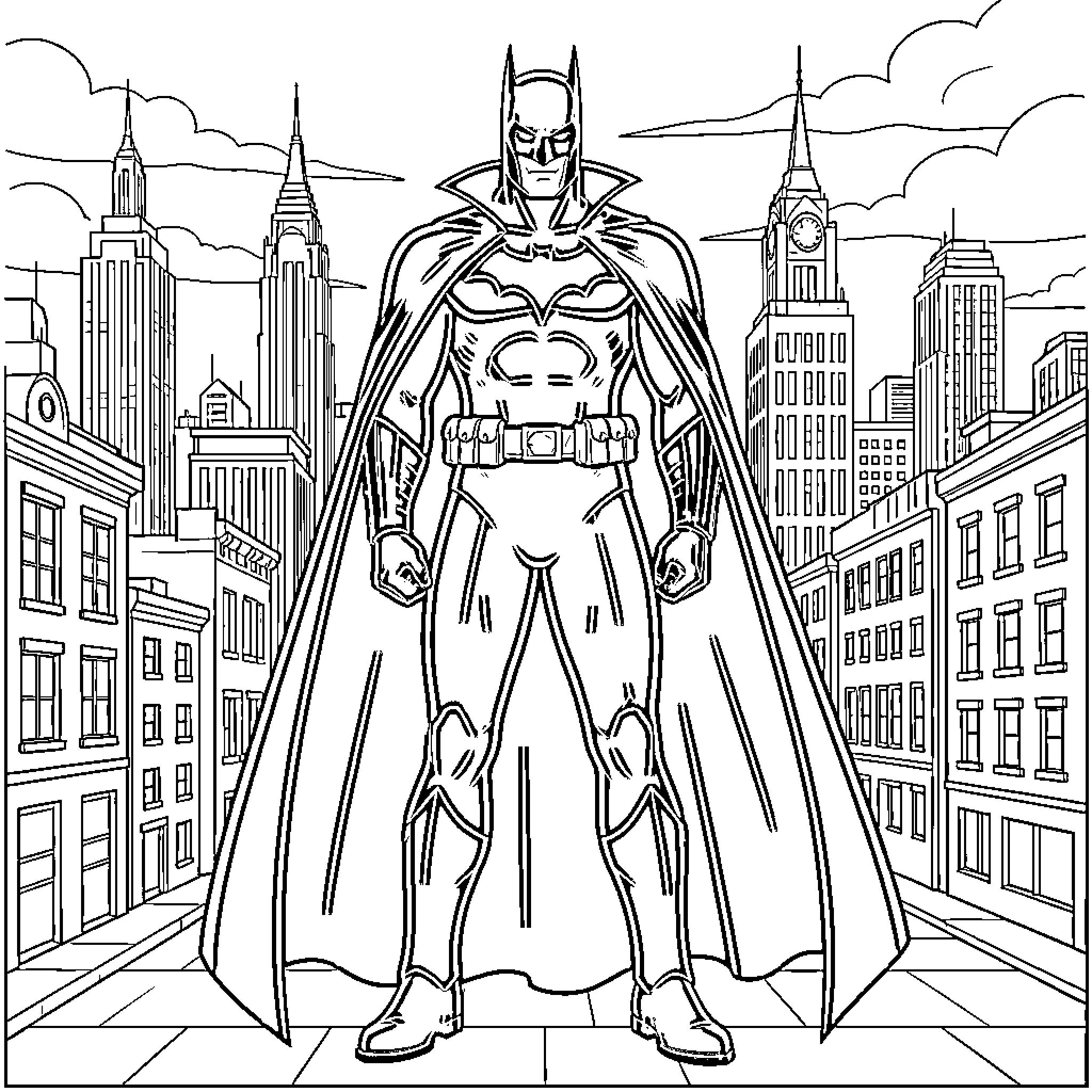 Knight Superhero Stands Guard Over the City Coloring Page (free black-and-white line drawing printable PDF for all, from beginners to advanced learners, including children, teens, adults, and seniors)