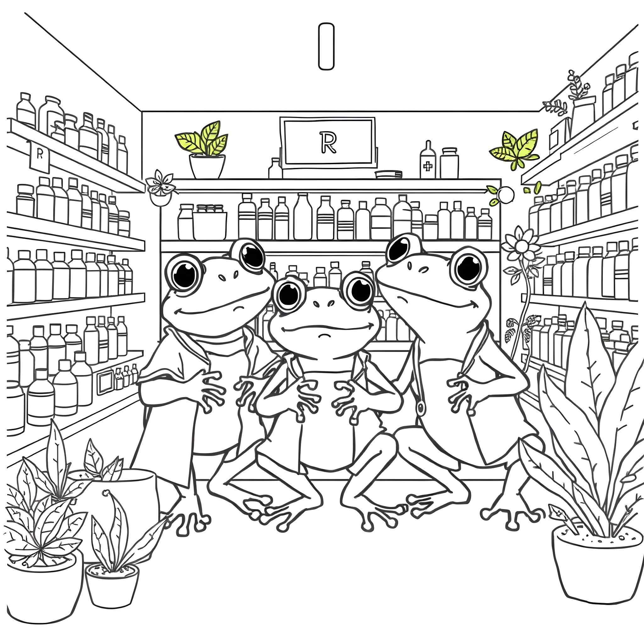 Frogs exploring the shelves of a pharmacy Coloring Page (free black-and-white line drawing printable PDF for all, from beginners to advanced learners, including children, teens, adults, and seniors)