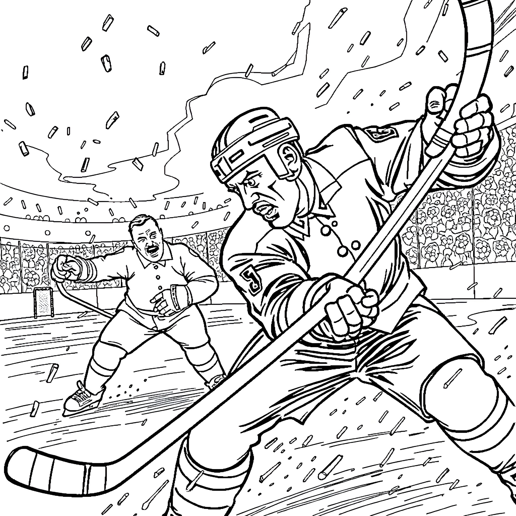 Adolf Hitler playing ice hockey with aggressive stance Coloring Page (free black-and-white line drawing printable PDF for all, from beginners to advanced learners, including children, teens, adults, and seniors)