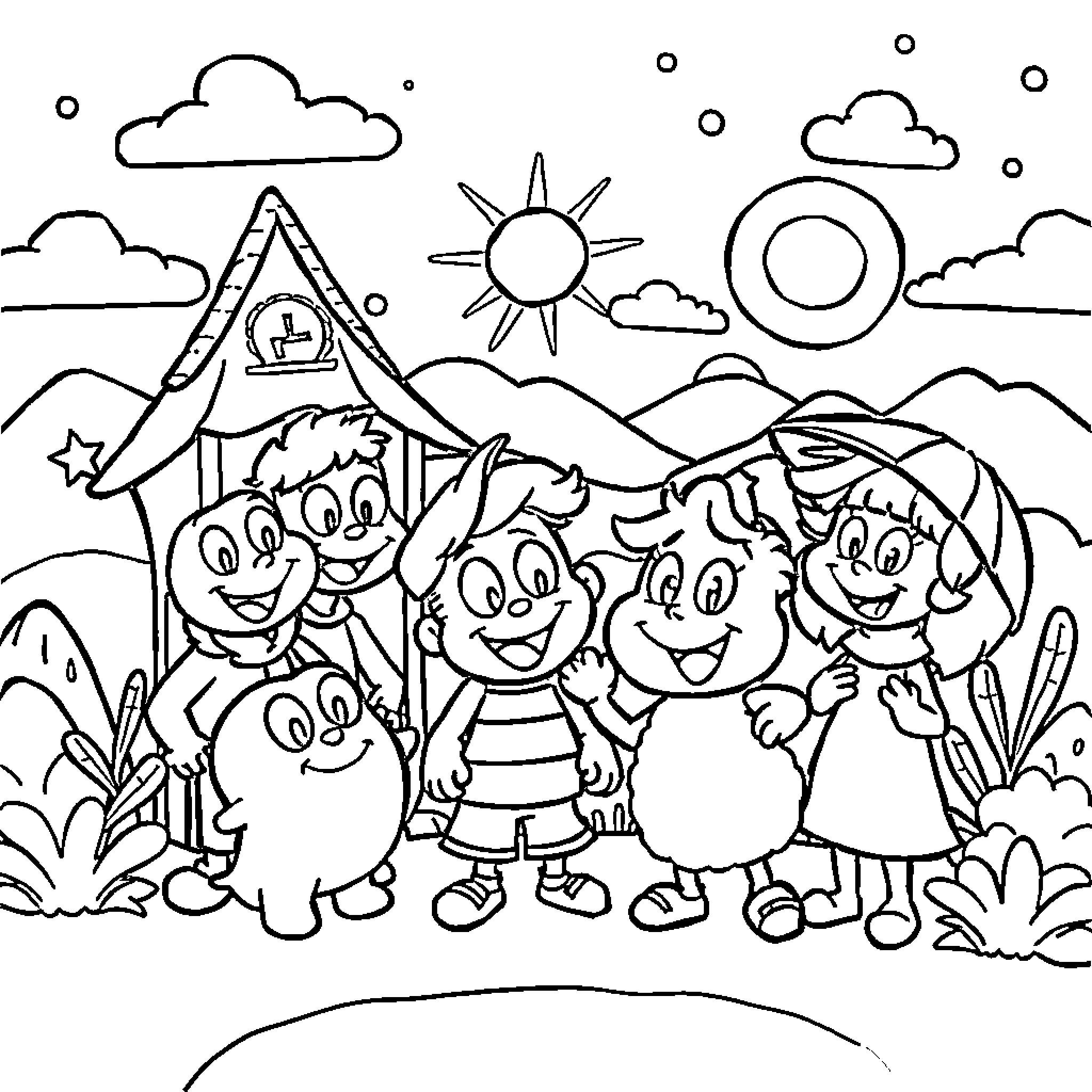 Cartoon group of friends playing outdoors Coloring Page (free black-and-white line drawing printable PDF for all, from beginners to advanced learners, including children, teens, adults, and seniors)