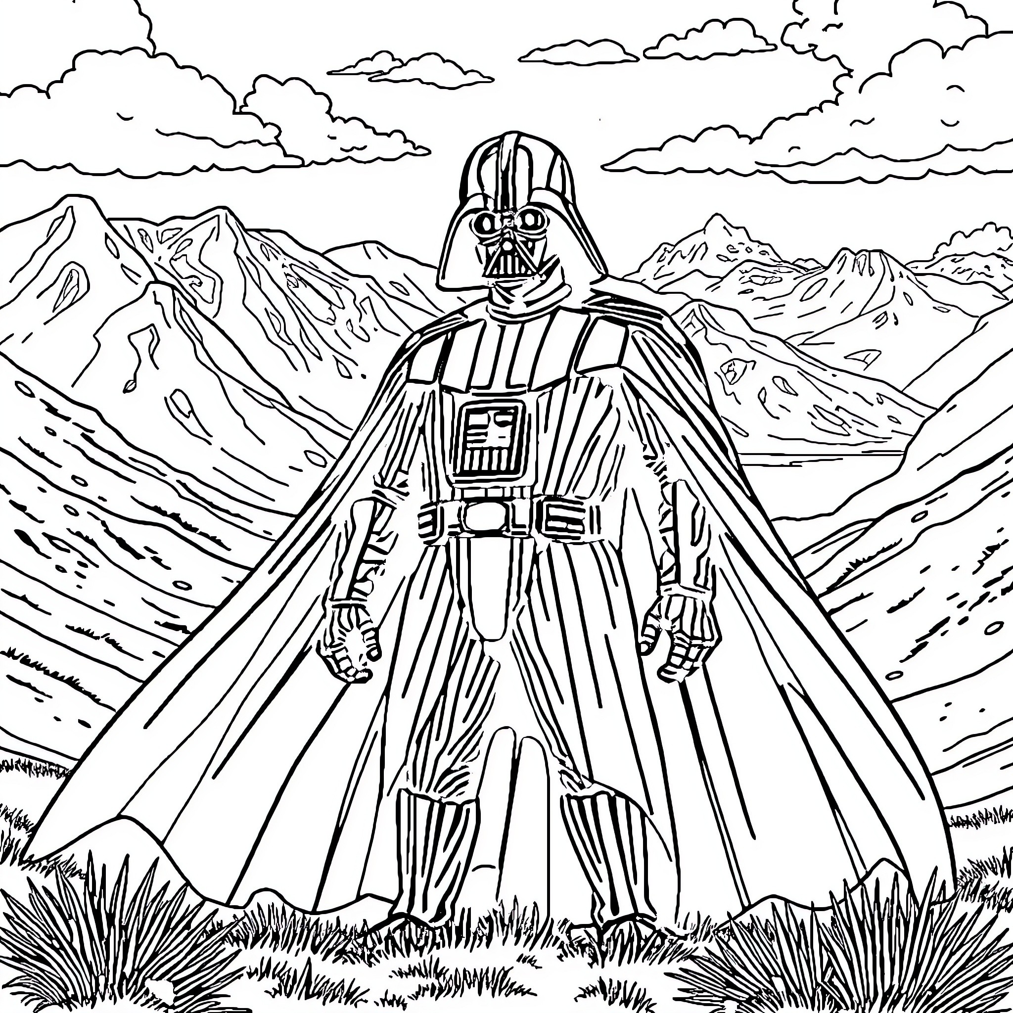 Darth Vader stands tall in a majestic landscape Coloring Page (free black-and-white line drawing printable PDF for all, from beginners to advanced learners, including children, teens, adults, and seniors)