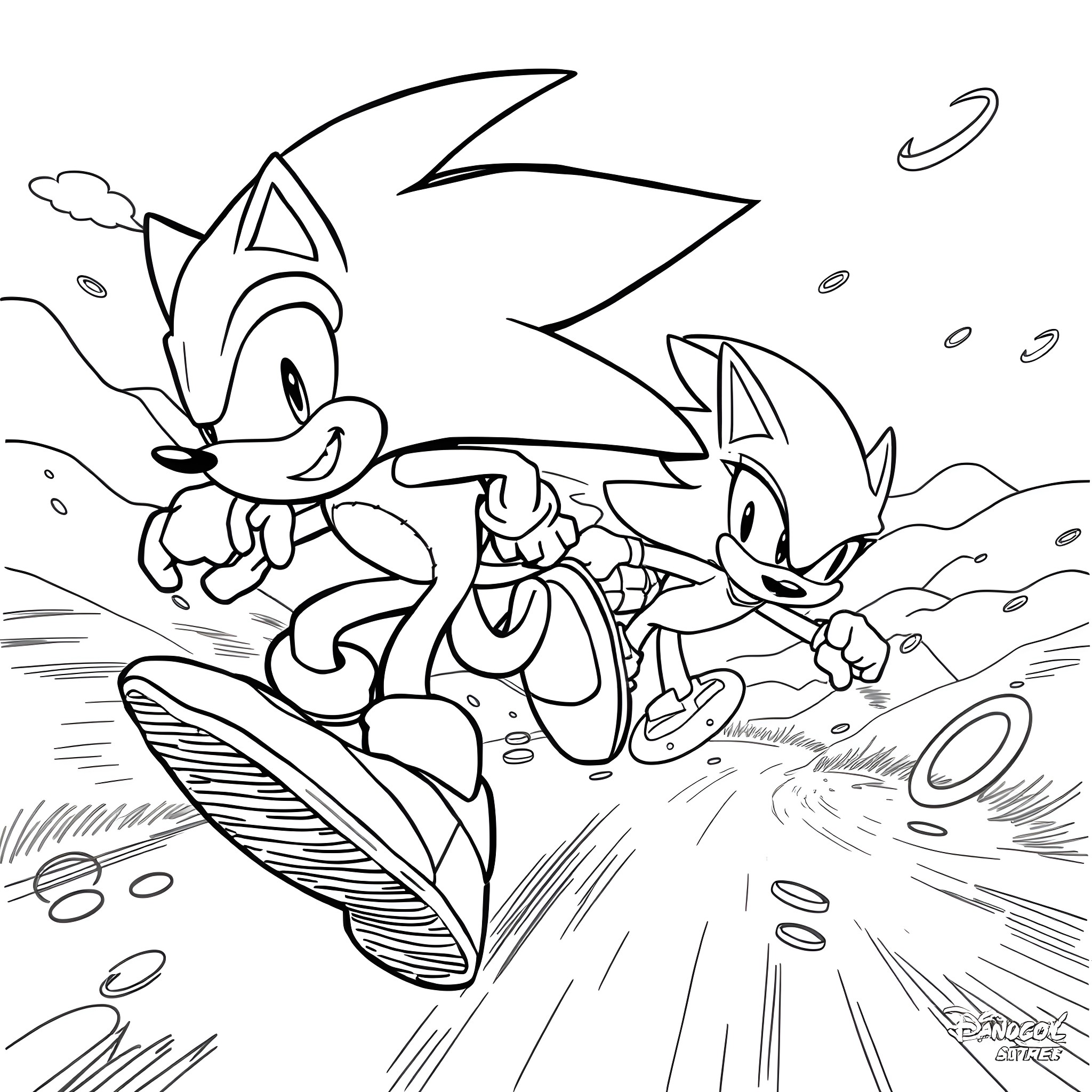 Sonic and friends racing on surfboards Coloring Page (free black-and-white line drawing printable PDF for all, from beginners to advanced learners, including children, teens, adults, and seniors)