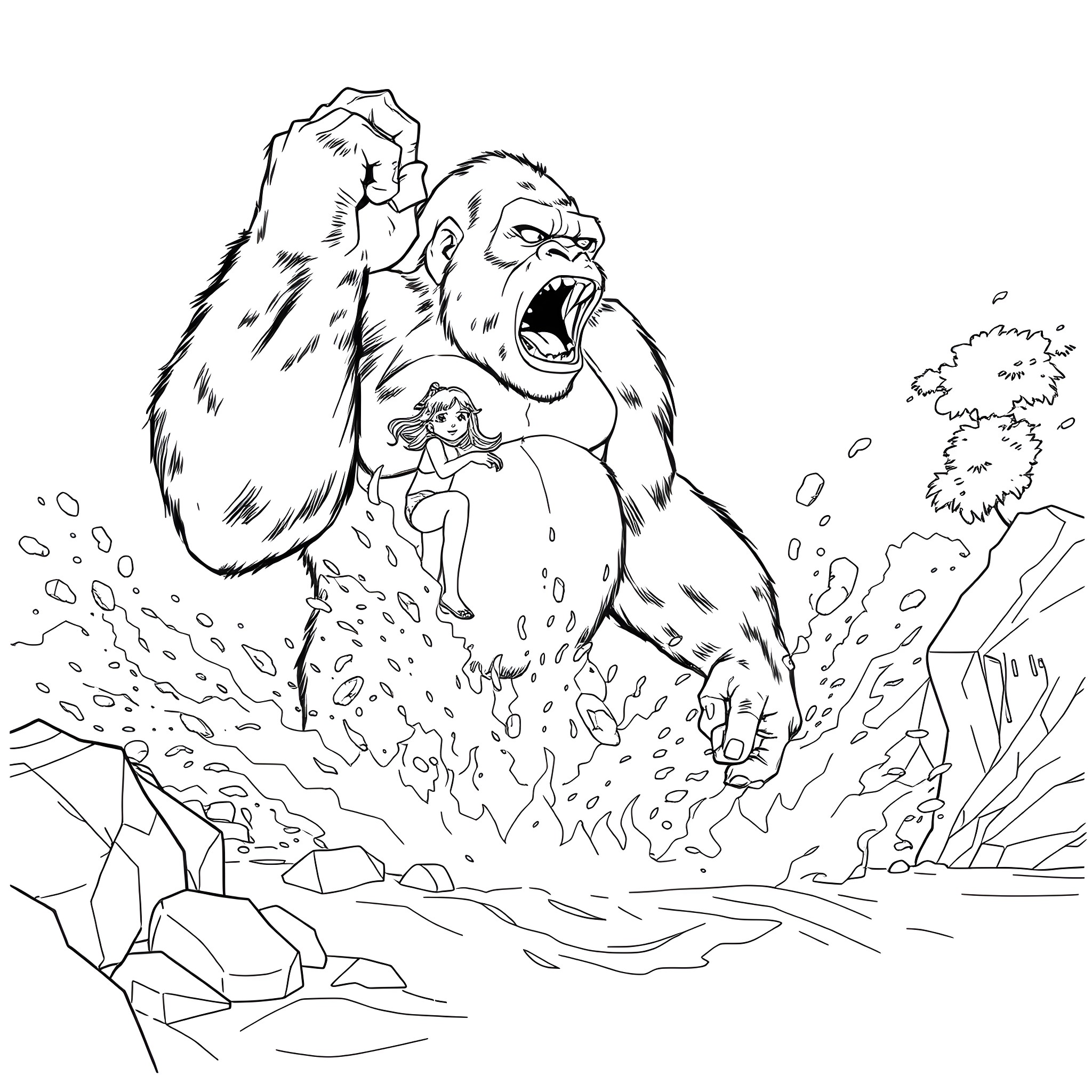 King Kong escaping with a damsel in distress Coloring Page (free black-and-white line drawing printable PDF for all, from beginners to advanced learners, including children, teens, adults, and seniors)