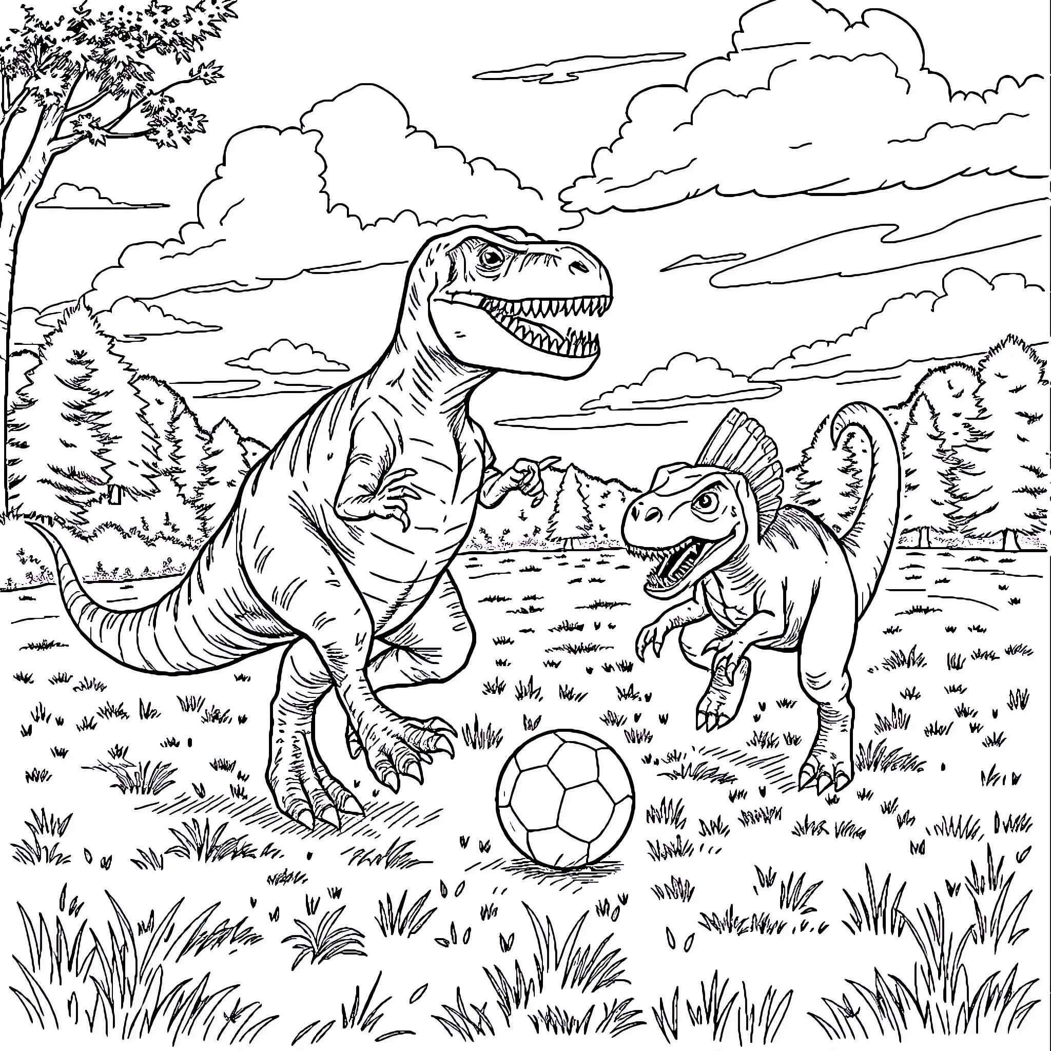 T-Rex Dinosaurs Playing with Soccer Ball in Wilderness Coloring Page (free black-and-white line drawing printable PDF for all, from beginners to advanced learners, including children, teens, adults, and seniors)