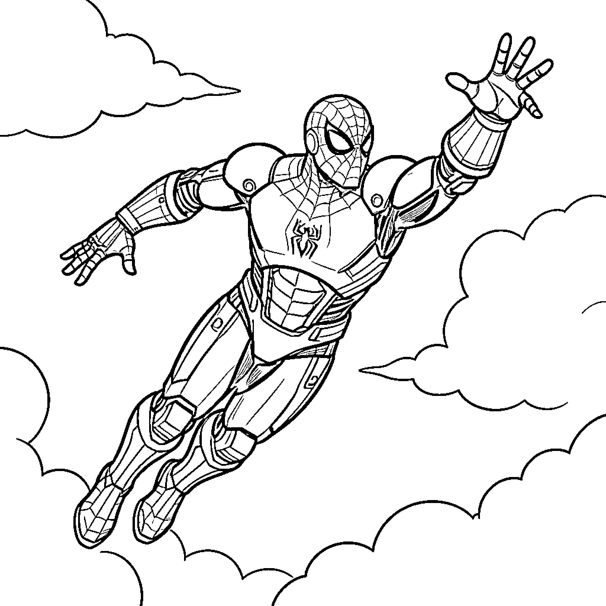 Spiderman leaping through the clouds in superhero pose Coloring Page (free black-and-white line drawing printable PDF for all, from beginners to advanced learners, including children, teens, adults, and seniors)