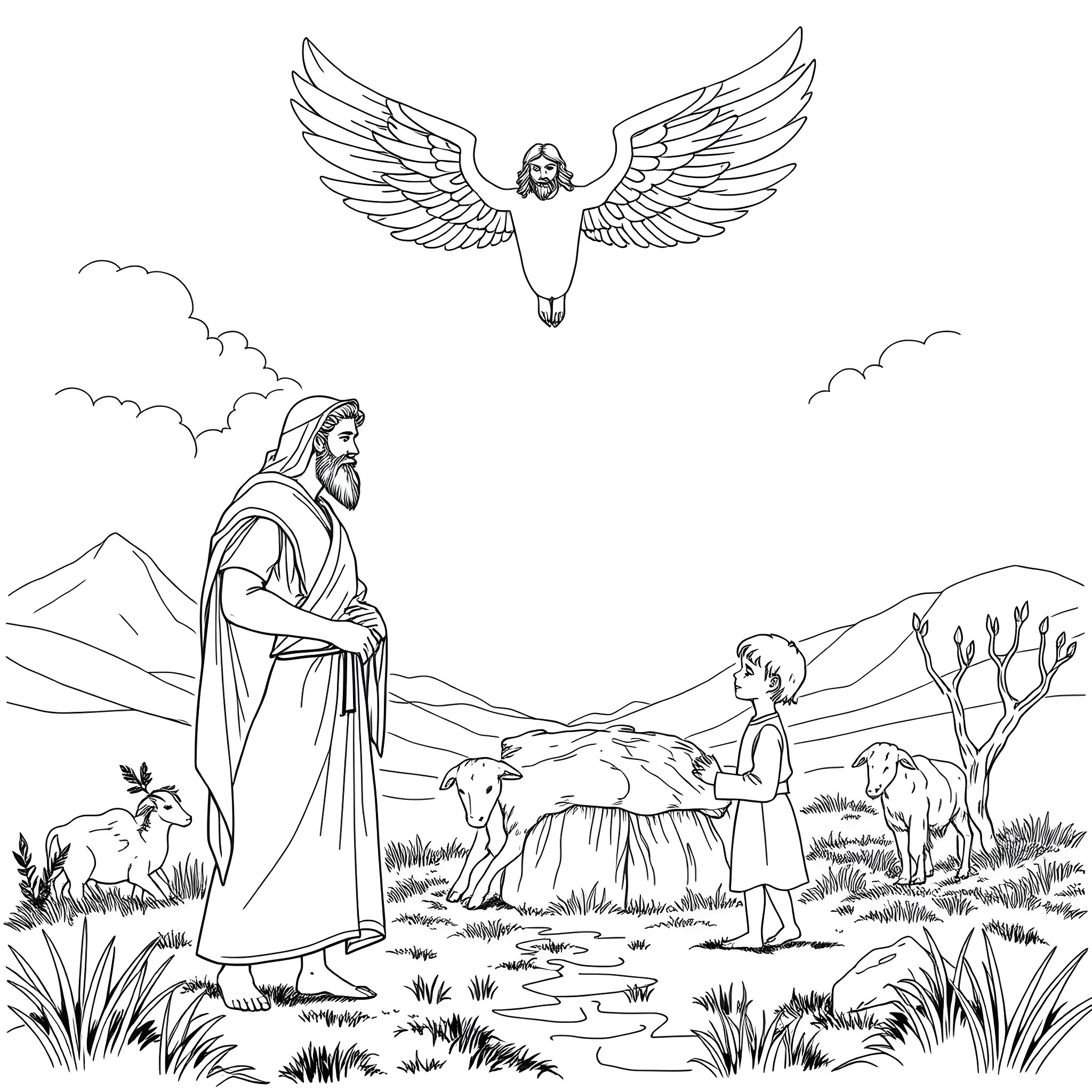 Abraham's Blessing and Guidance Coloring Page (free black-and-white line drawing printable PDF for all, from beginners to advanced learners, including children, teens, adults, and seniors)