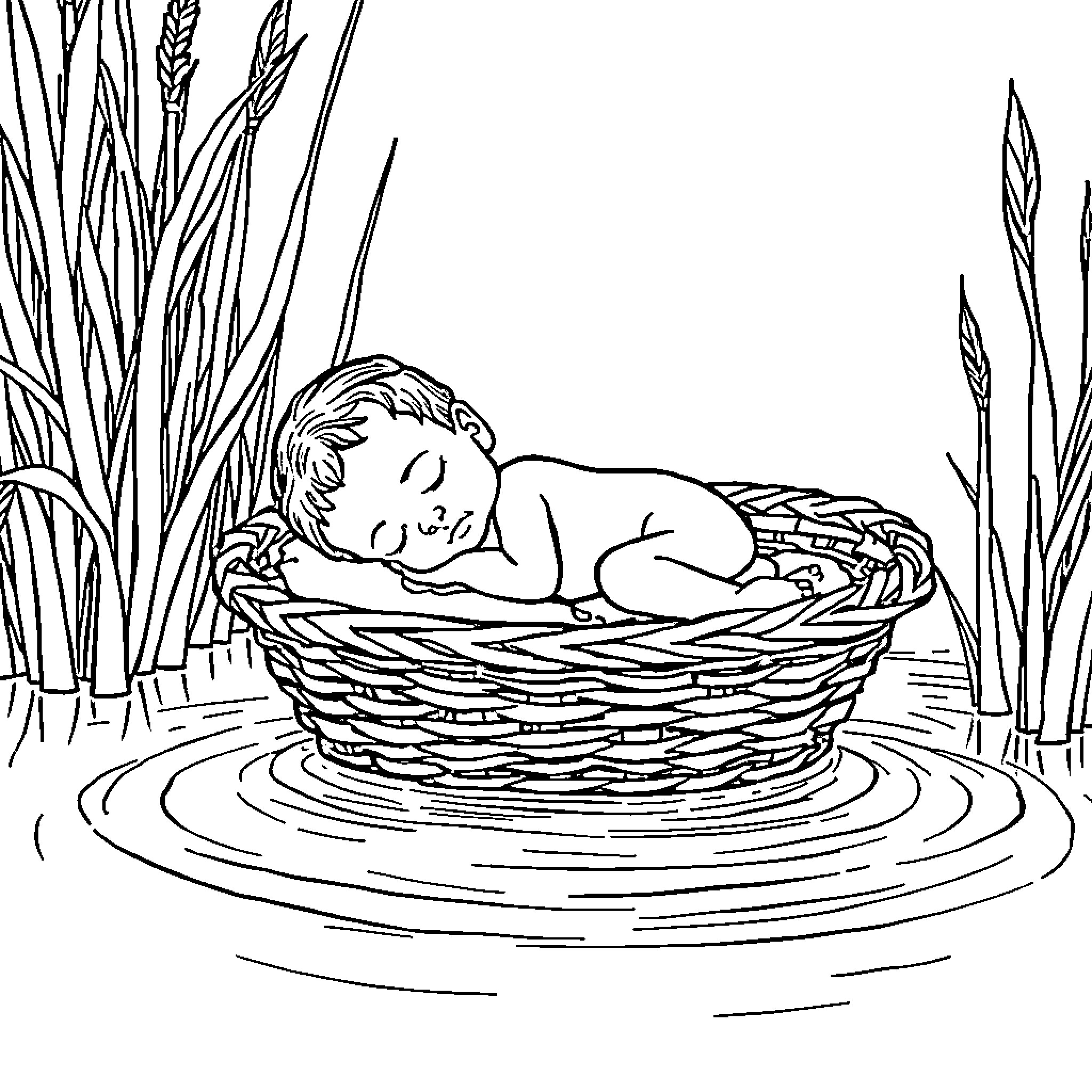 Moses sleeping peacefully in a basket on the river Coloring Page (free black-and-white line drawing printable PDF for all, from beginners to advanced learners, including children, teens, adults, and seniors)