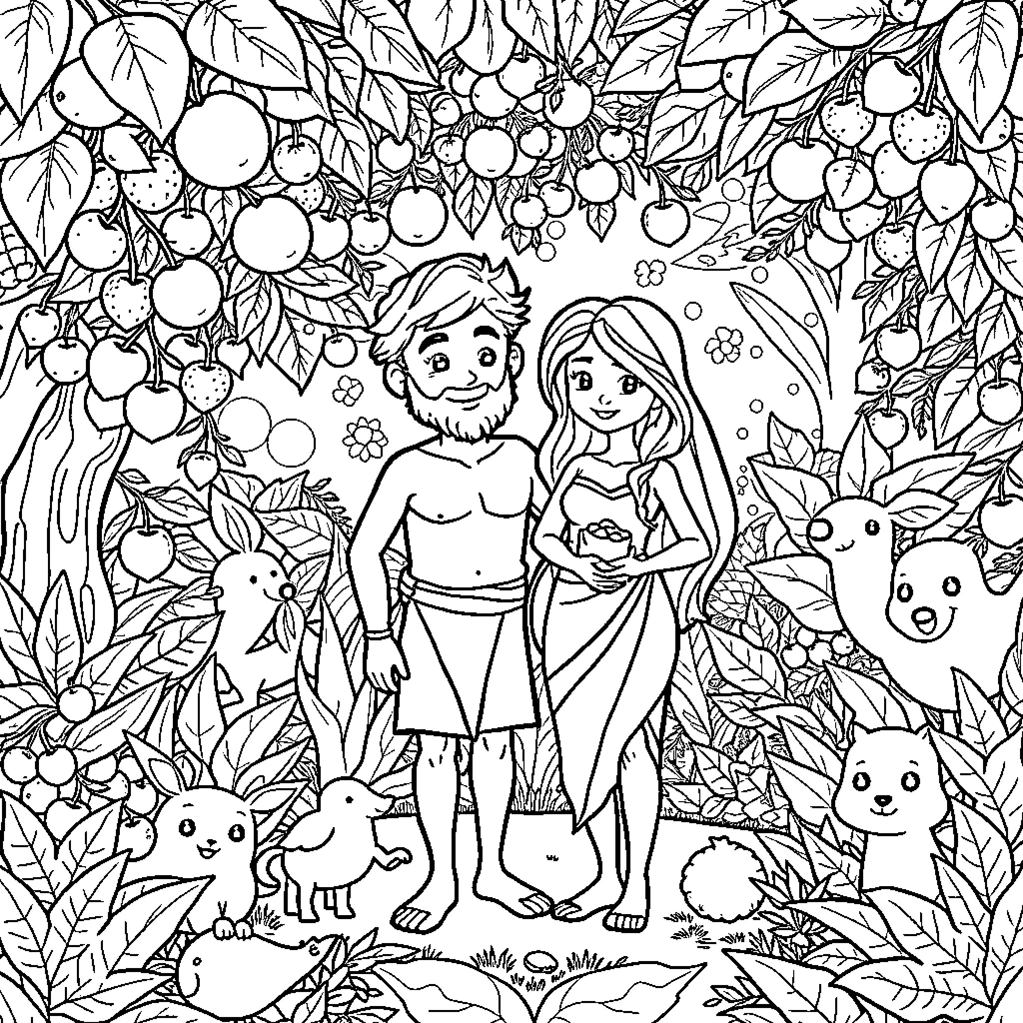 Adam and Eve in the Garden of Eden Coloring Page (free black-and-white line drawing printable PDF for all, from beginners to advanced learners, including children, teens, adults, and seniors)