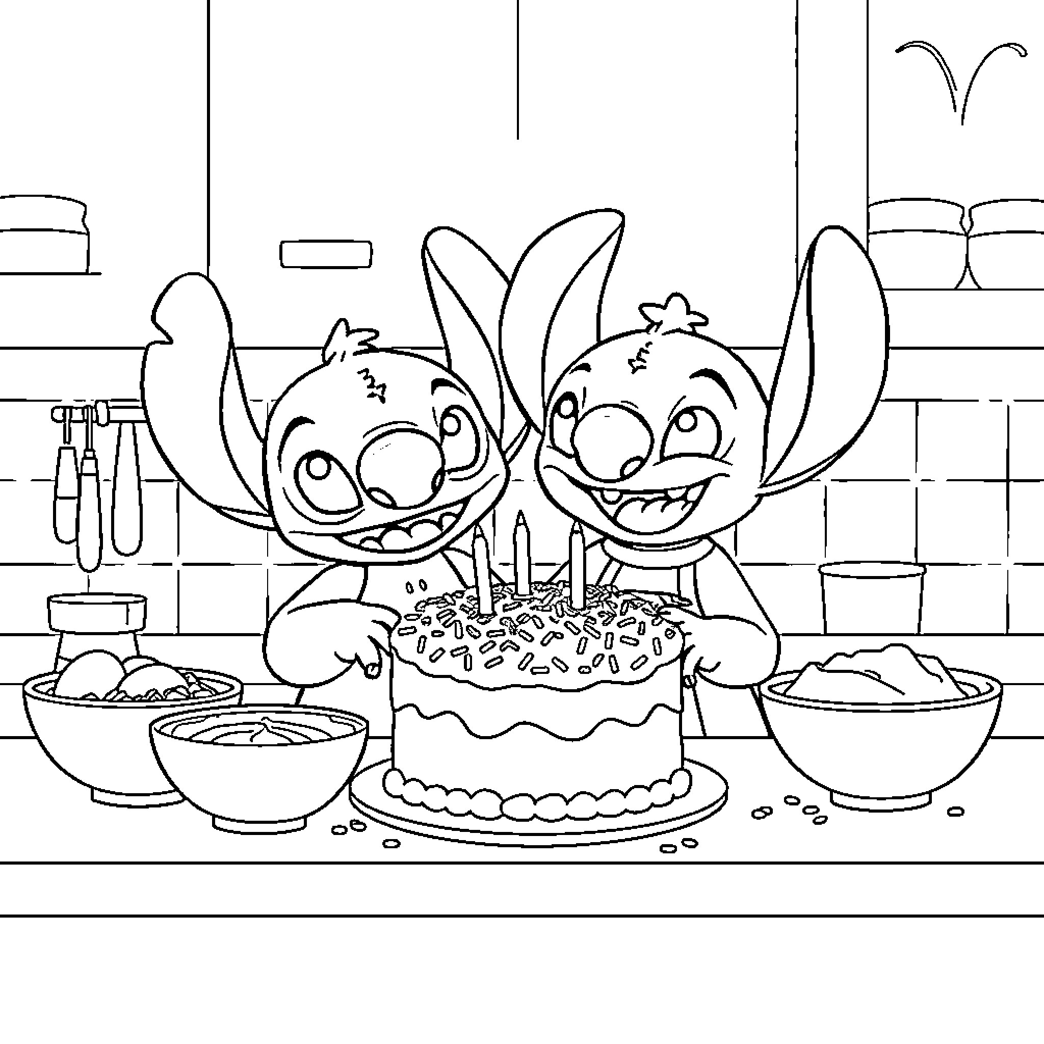 Stitch and Scrump Celebrate with Cake Coloring Page (free black-and-white line drawing printable PDF for all, from beginners to advanced learners, including children, teens, adults, and seniors)