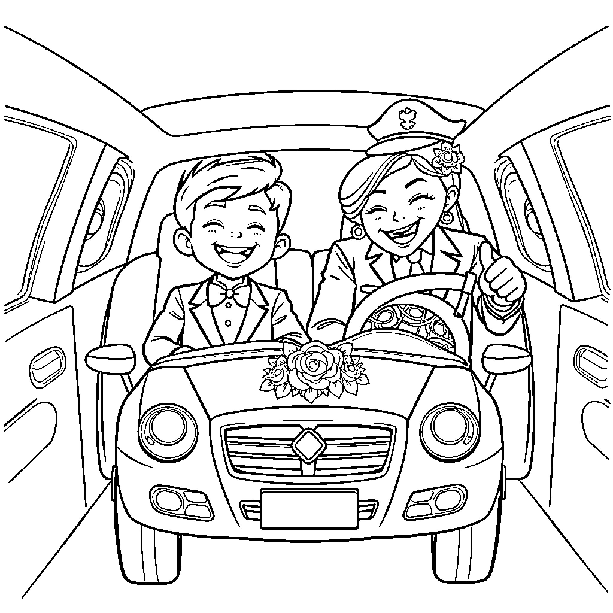 Limousine ride with cheerful passengers Coloring Page (free black-and-white line drawing printable PDF for all, from beginners to advanced learners, including children, teens, adults, and seniors)