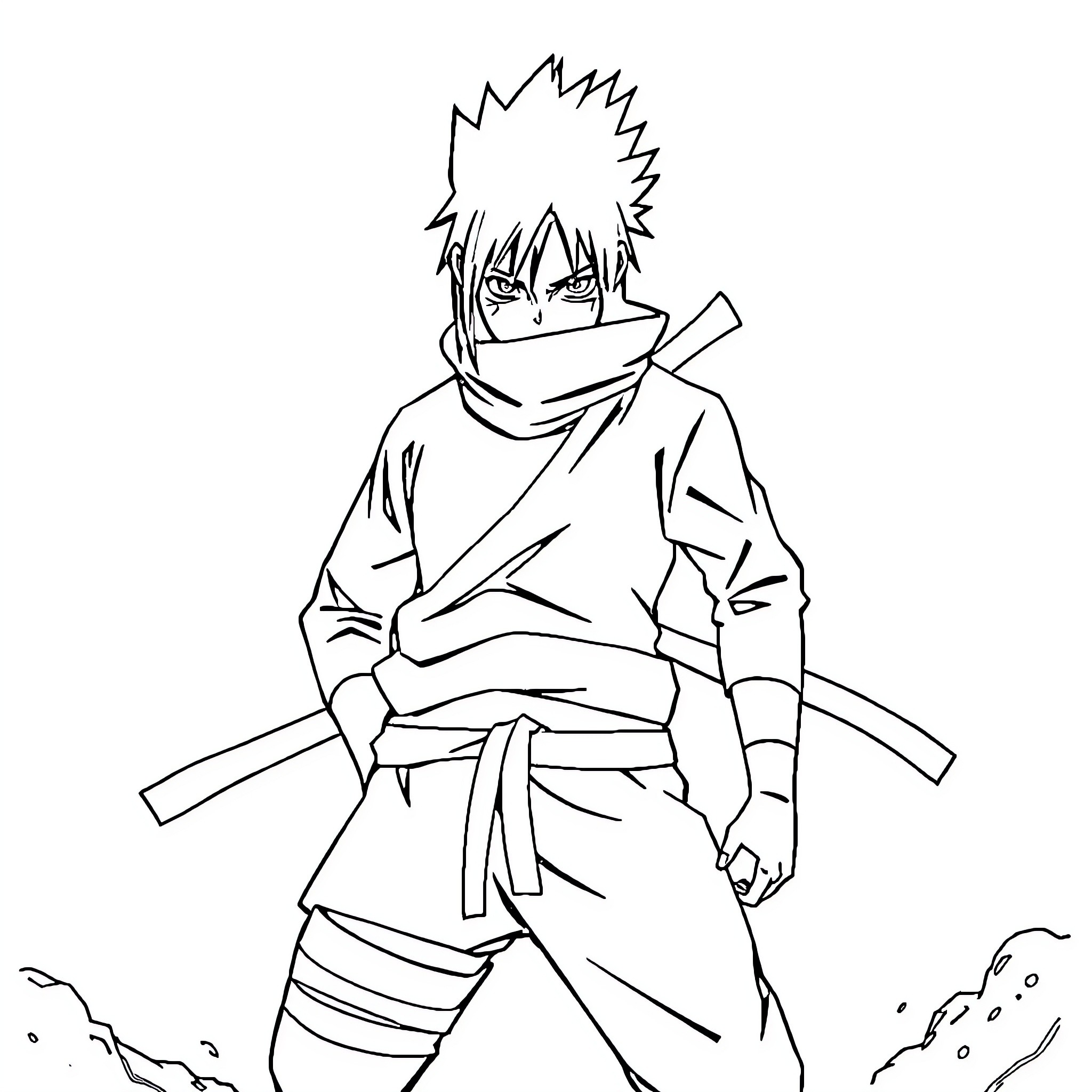 Sasuke in action with weapon Coloring Page (free black-and-white line drawing printable PDF for all, from beginners to advanced learners, including children, teens, adults, and seniors)