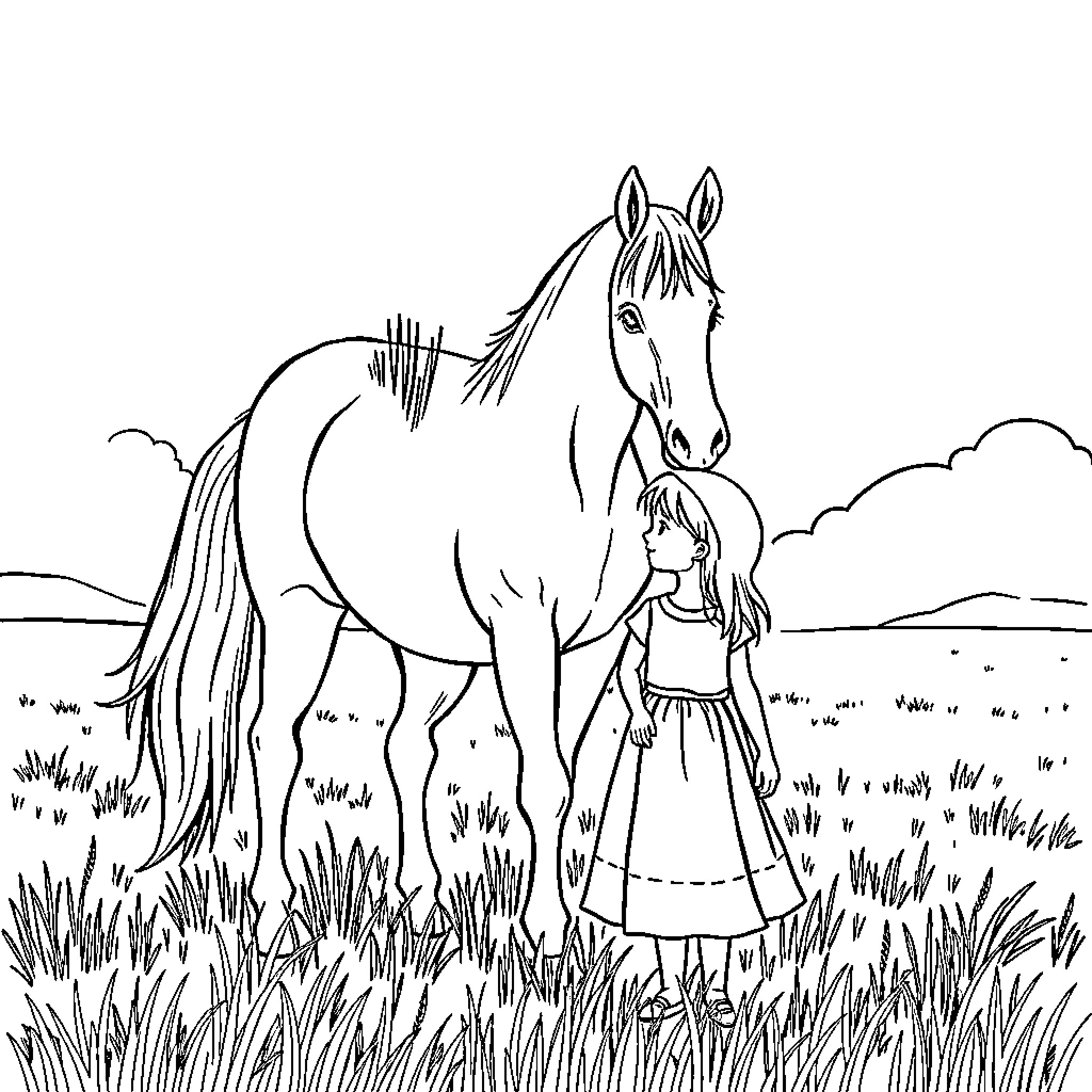 Horse and girl in a meadow Coloring Page (free black-and-white line drawing printable PDF for all, from beginners to advanced learners, including children, teens, adults, and seniors)