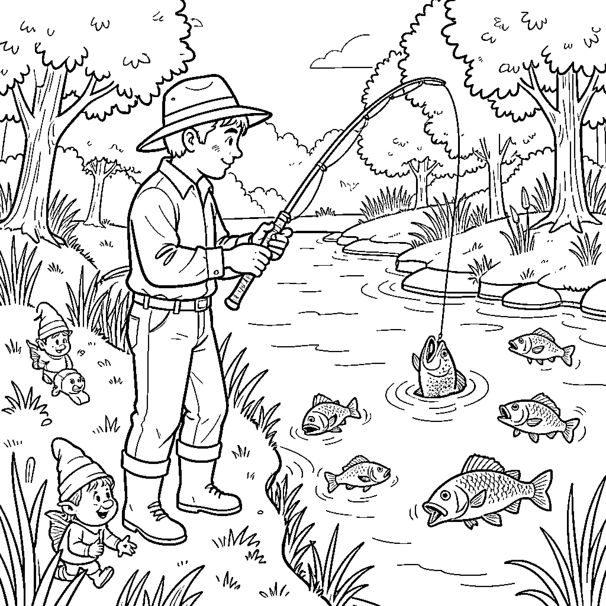 Fisher catching fish in a river near small gnomes Coloring Page (free black-and-white line drawing printable PDF for all, from beginners to advanced learners, including children, teens, adults, and seniors)