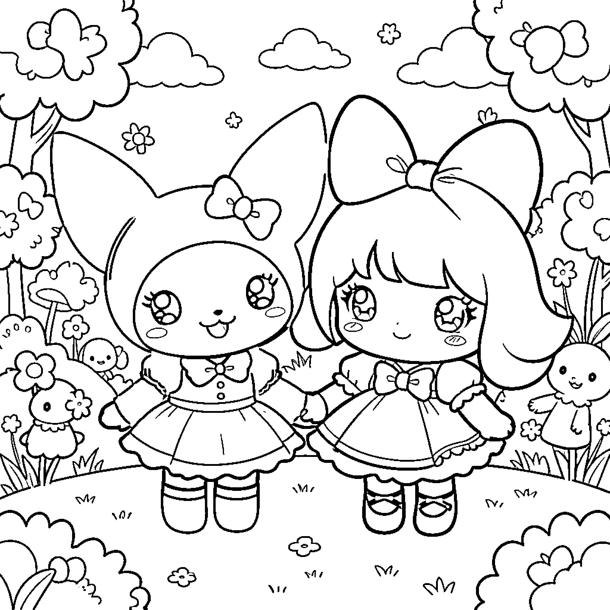 Kuromi and My Melody enjoying nature together Coloring Page (free black-and-white line drawing printable PDF for all, from beginners to advanced learners, including children, teens, adults, and seniors)
