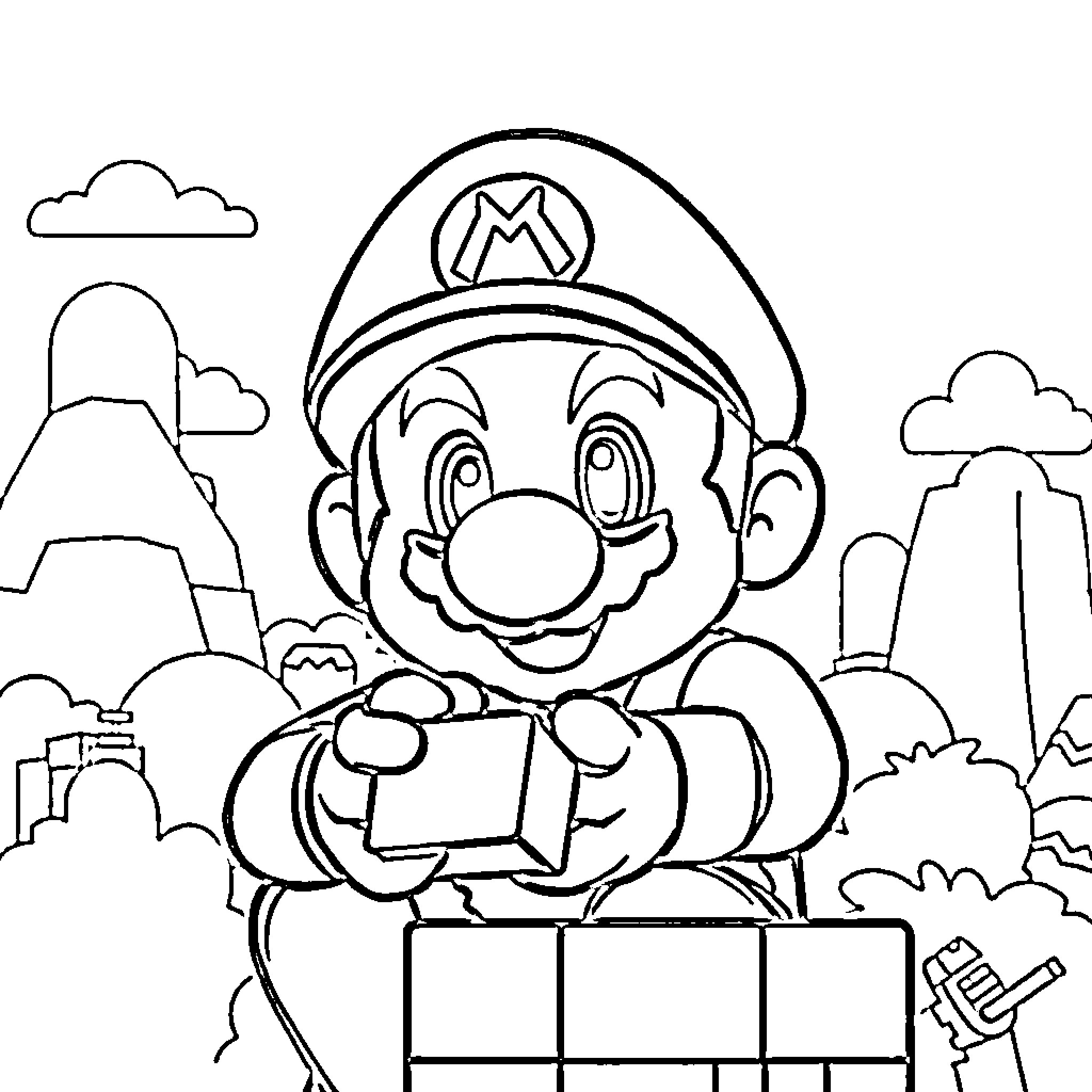 Mario Jumping and Posing in a Cartoonish Landscape Coloring Page (free black-and-white line drawing printable PDF for all, from beginners to advanced learners, including children, teens, adults, and seniors)