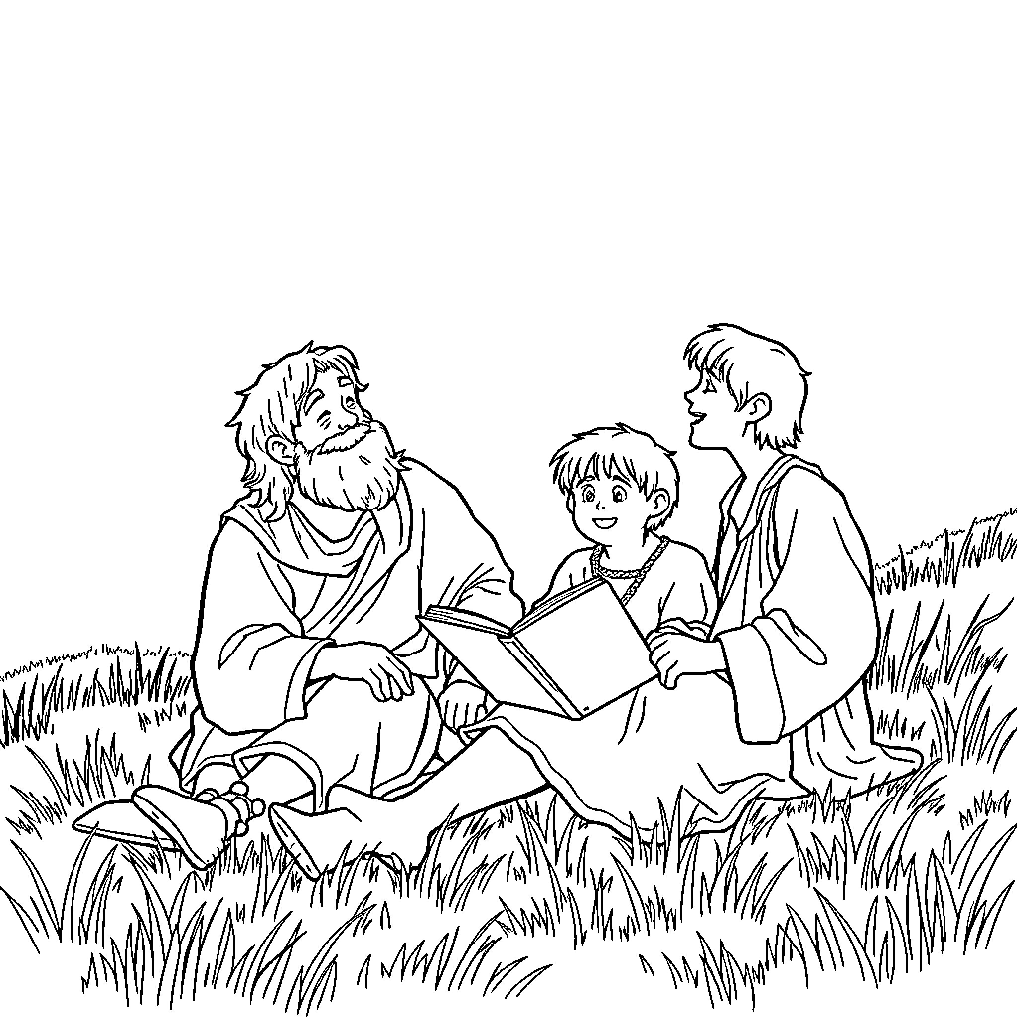 Boromir teaching children in the meadow Coloring Page (free black-and-white line drawing printable PDF for all, from beginners to advanced learners, including children, teens, adults, and seniors)