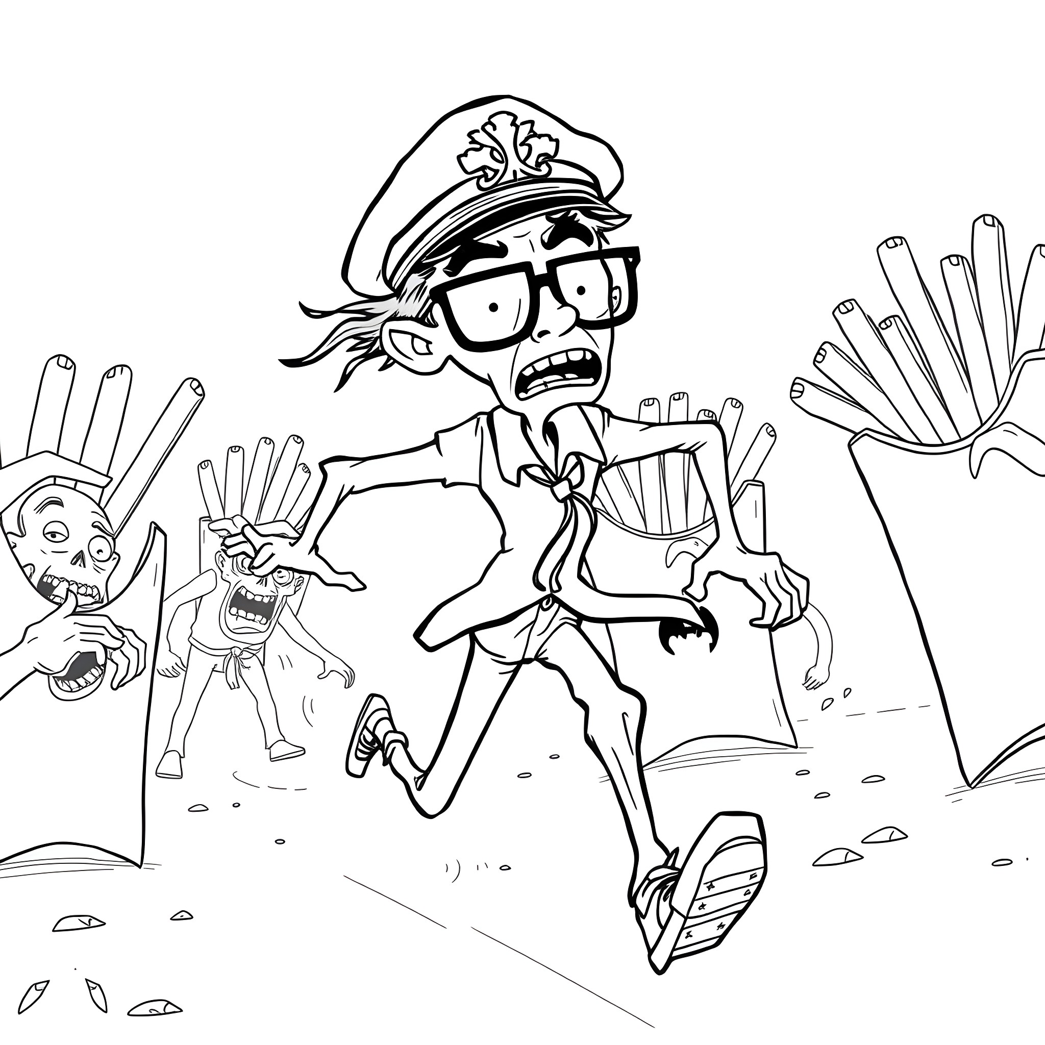 Man in funny costume running away from strange creatures Coloring Page (free black-and-white line drawing printable PDF for all, from beginners to advanced learners, including children, teens, adults, and seniors)