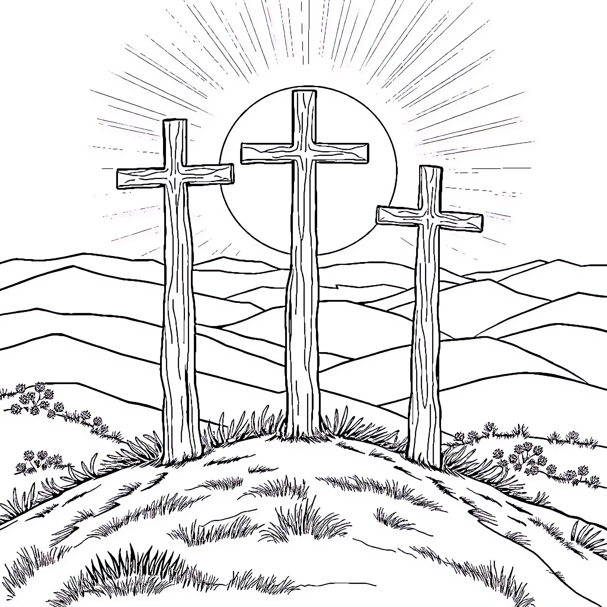 Cross on a Hill with Shining Sky Coloring Page (free black-and-white line drawing printable PDF for all, from beginners to advanced learners, including children, teens, adults, and seniors)