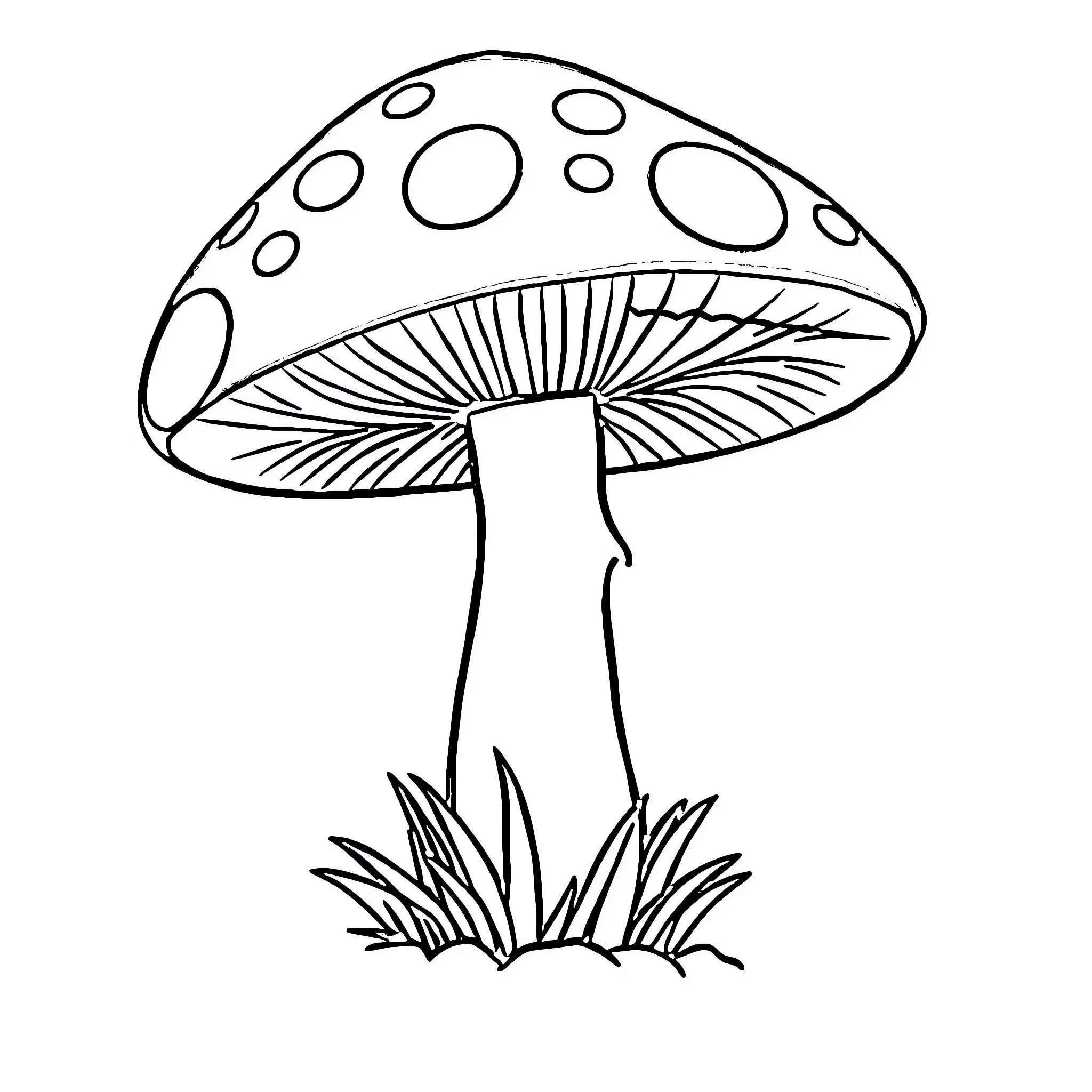 Mushroom with spotted cap in forest Coloring Page (free black-and-white line drawing printable PDF for all, from beginners to advanced learners, including children, teens, adults, and seniors)