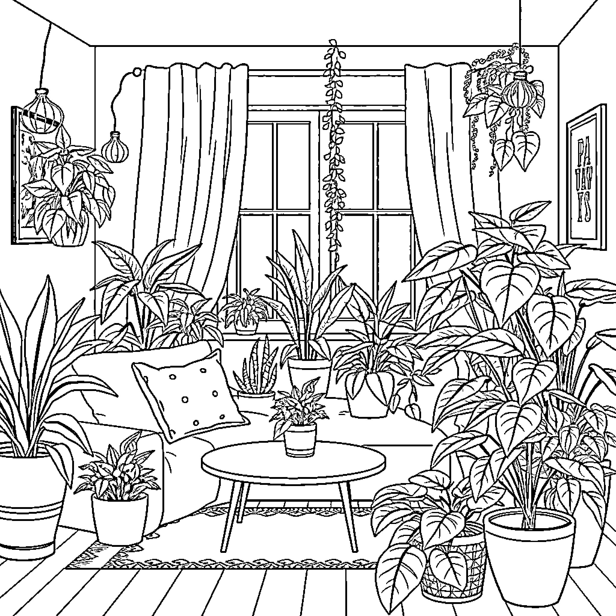 Room with Lush Indoor Plants and Cozy Furnishings Coloring Page (free black-and-white line drawing printable PDF for all, from beginners to advanced learners, including children, teens, adults, and seniors)