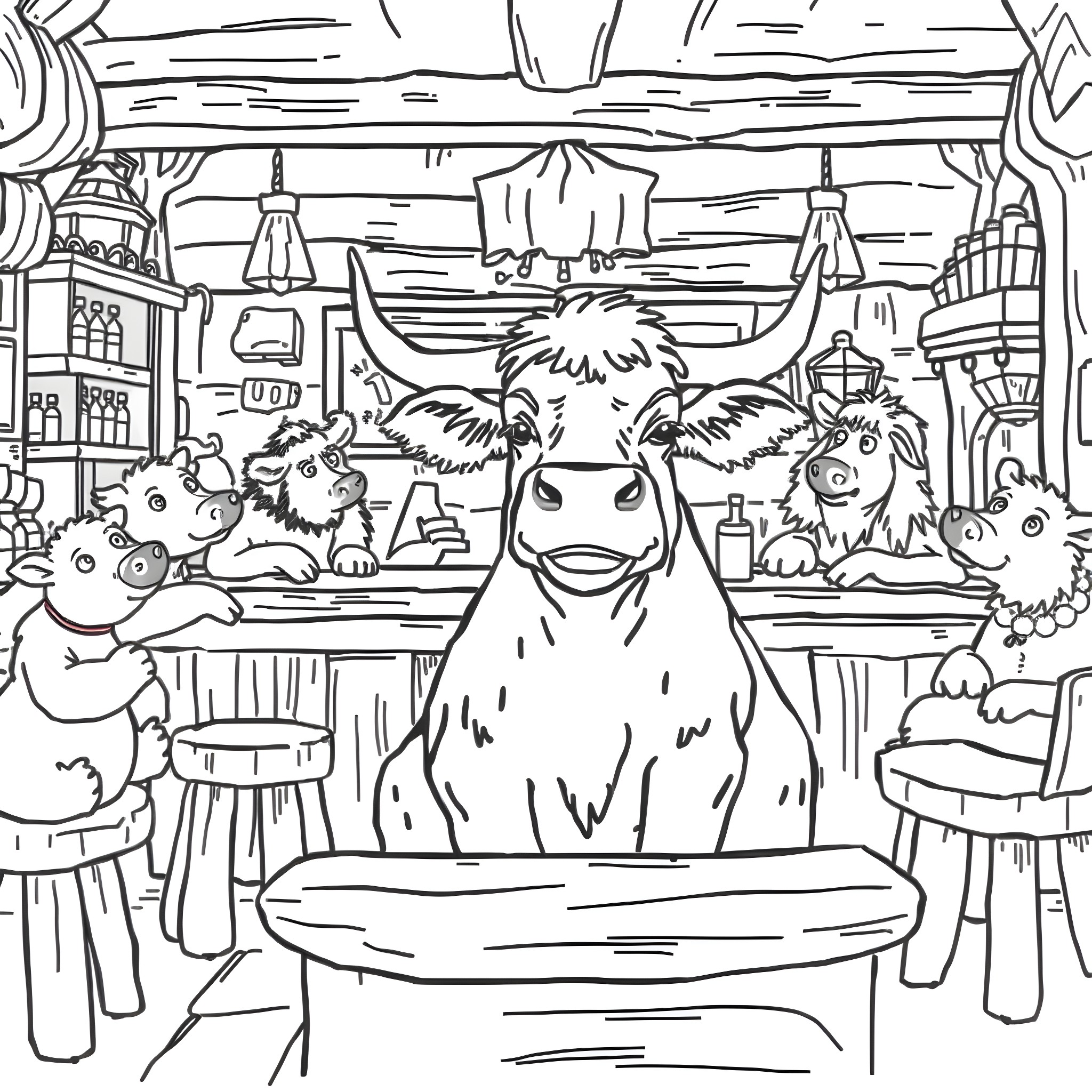 Highland Cow socializing with furry friends in the tavern Coloring Page (free black-and-white line drawing printable PDF for all, from beginners to advanced learners, including children, teens, adults, and seniors)