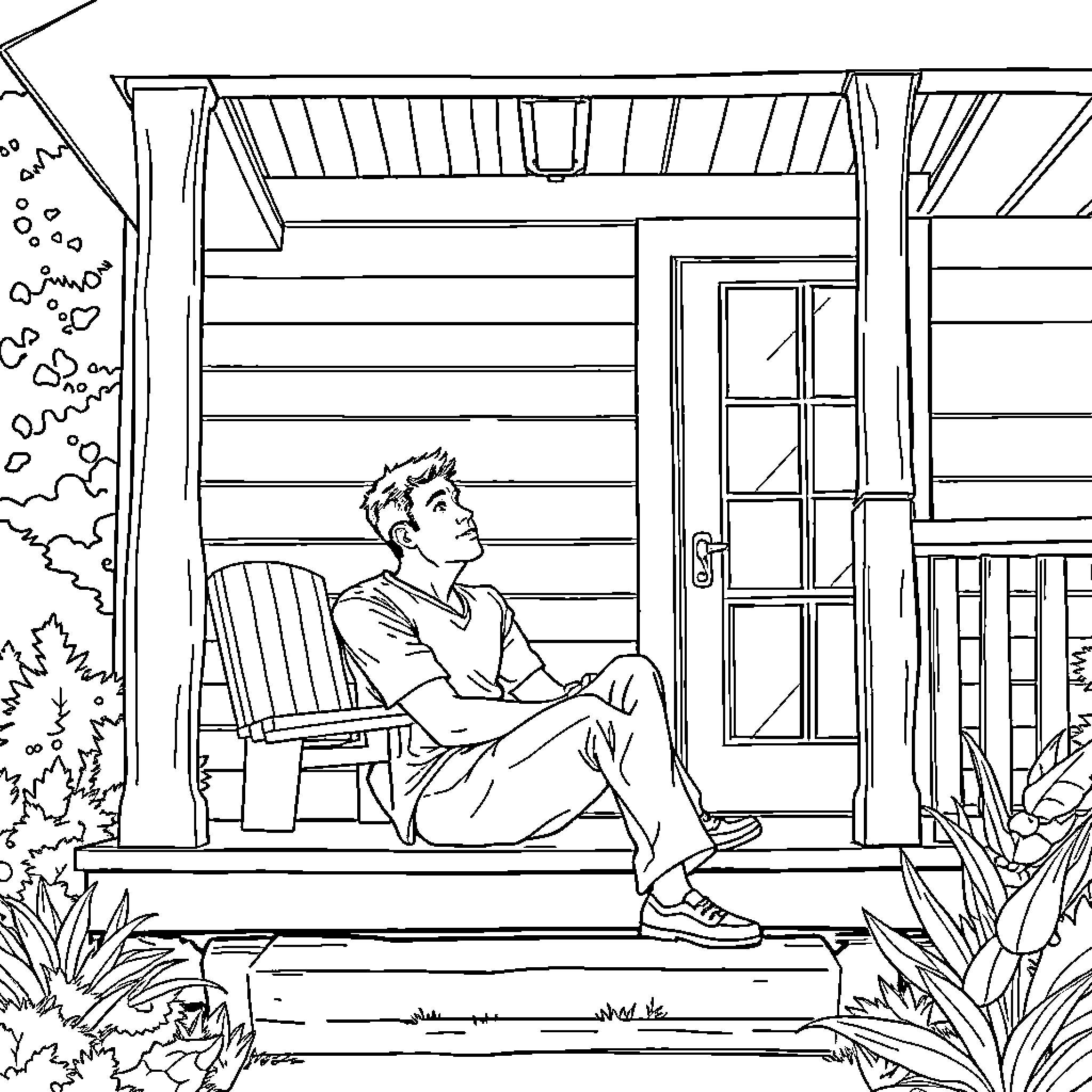 Man relaxing on porch of rustic cabin Coloring Page (free black-and-white line drawing printable PDF for all, from beginners to advanced learners, including children, teens, adults, and seniors)