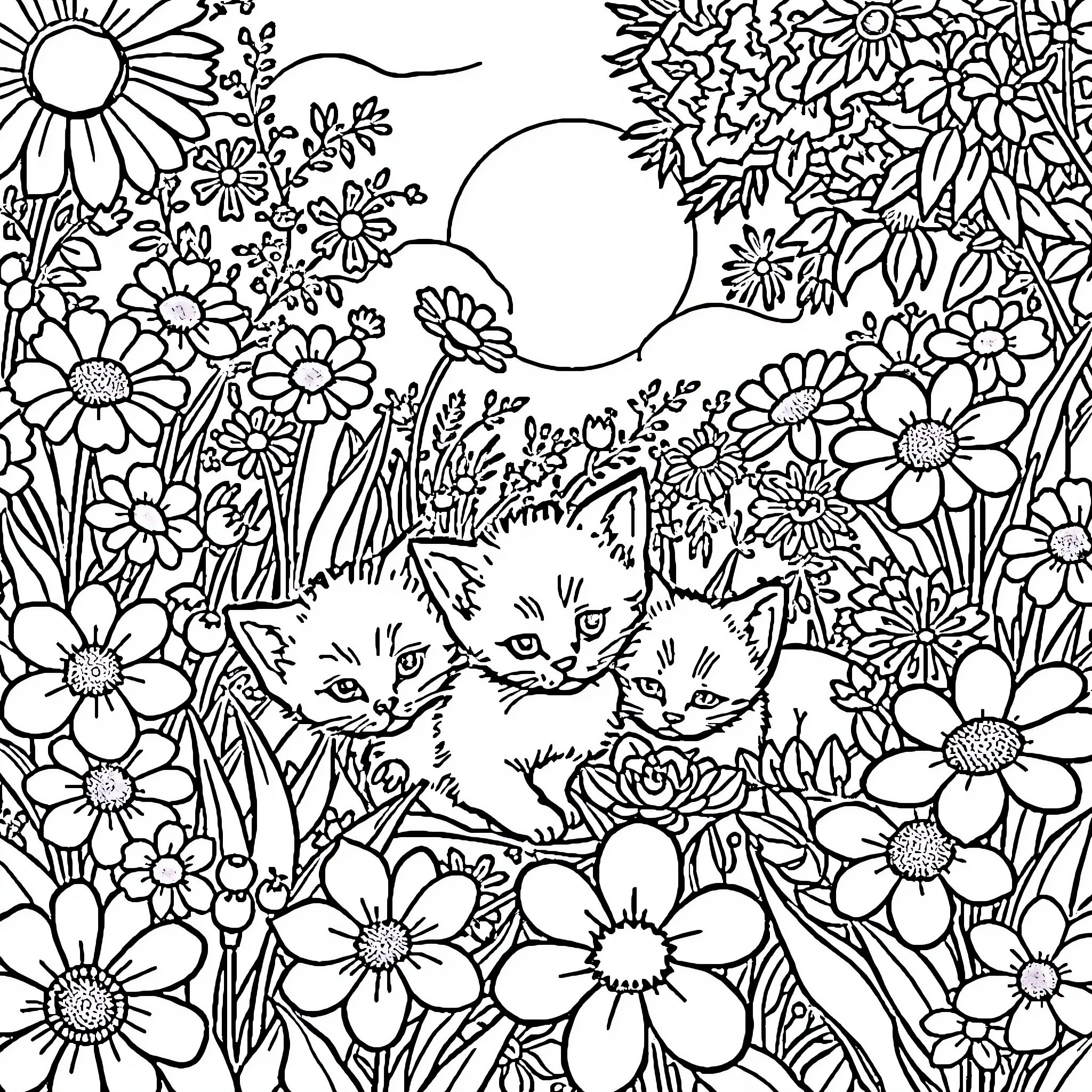 Cat kittens in a flowery meadow Coloring Page (free black-and-white line drawing printable PDF for all, from beginners to advanced learners, including children, teens, adults, and seniors)