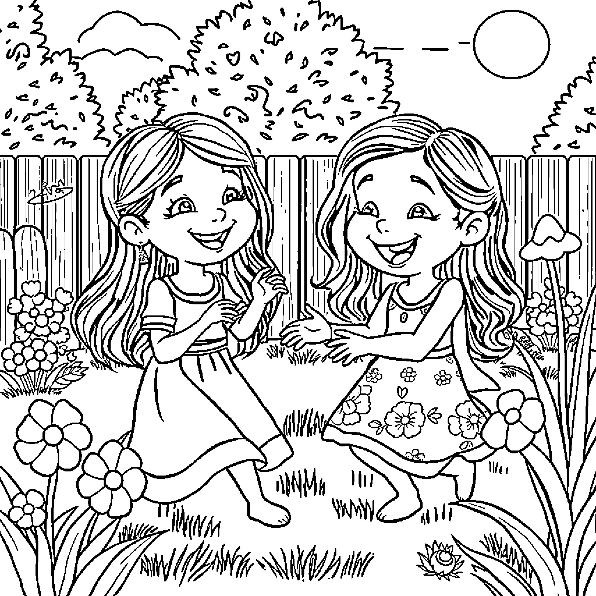 Loujaine's Joyful Playtime in the Garden Coloring Page (free black-and-white line drawing printable PDF for all, from beginners to advanced learners, including children, teens, adults, and seniors)