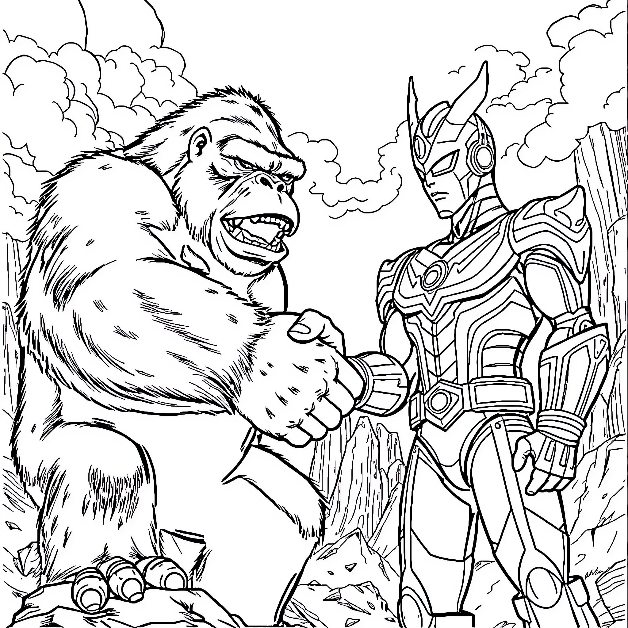 King Kong confronting a futuristic robot warrior Coloring Page (free black-and-white line drawing printable PDF for all, from beginners to advanced learners, including children, teens, adults, and seniors)