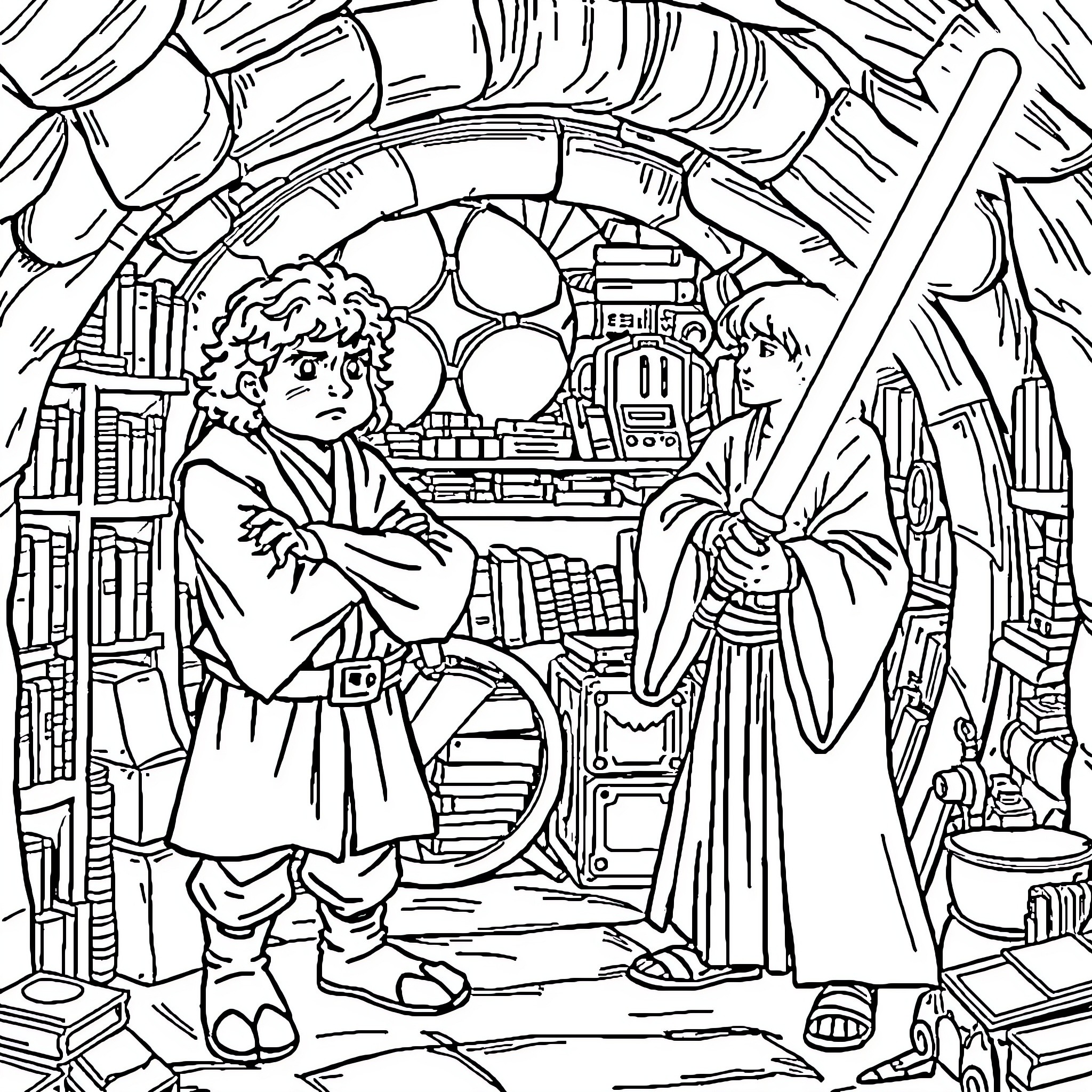 Bilbo Baggins exploring the Wizard's workshop Coloring Page (free black-and-white line drawing printable PDF for all, from beginners to advanced learners, including children, teens, adults, and seniors)