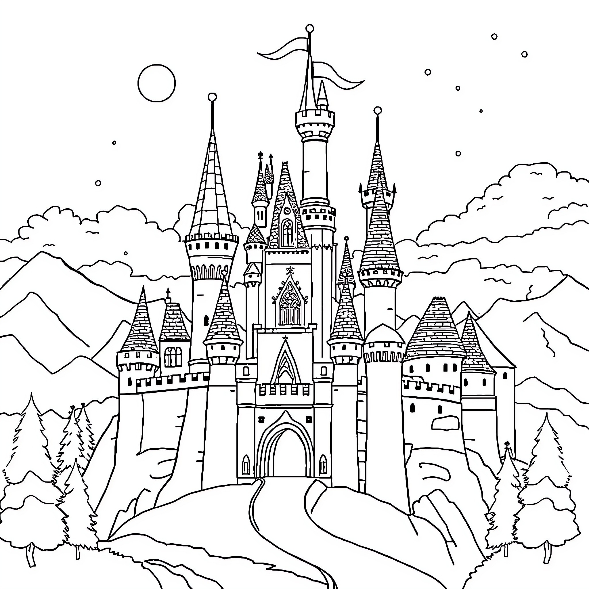 Castle in the Enchanted Landscape Coloring Page (free black-and-white line drawing printable PDF for all, from beginners to advanced learners, including children, teens, adults, and seniors)