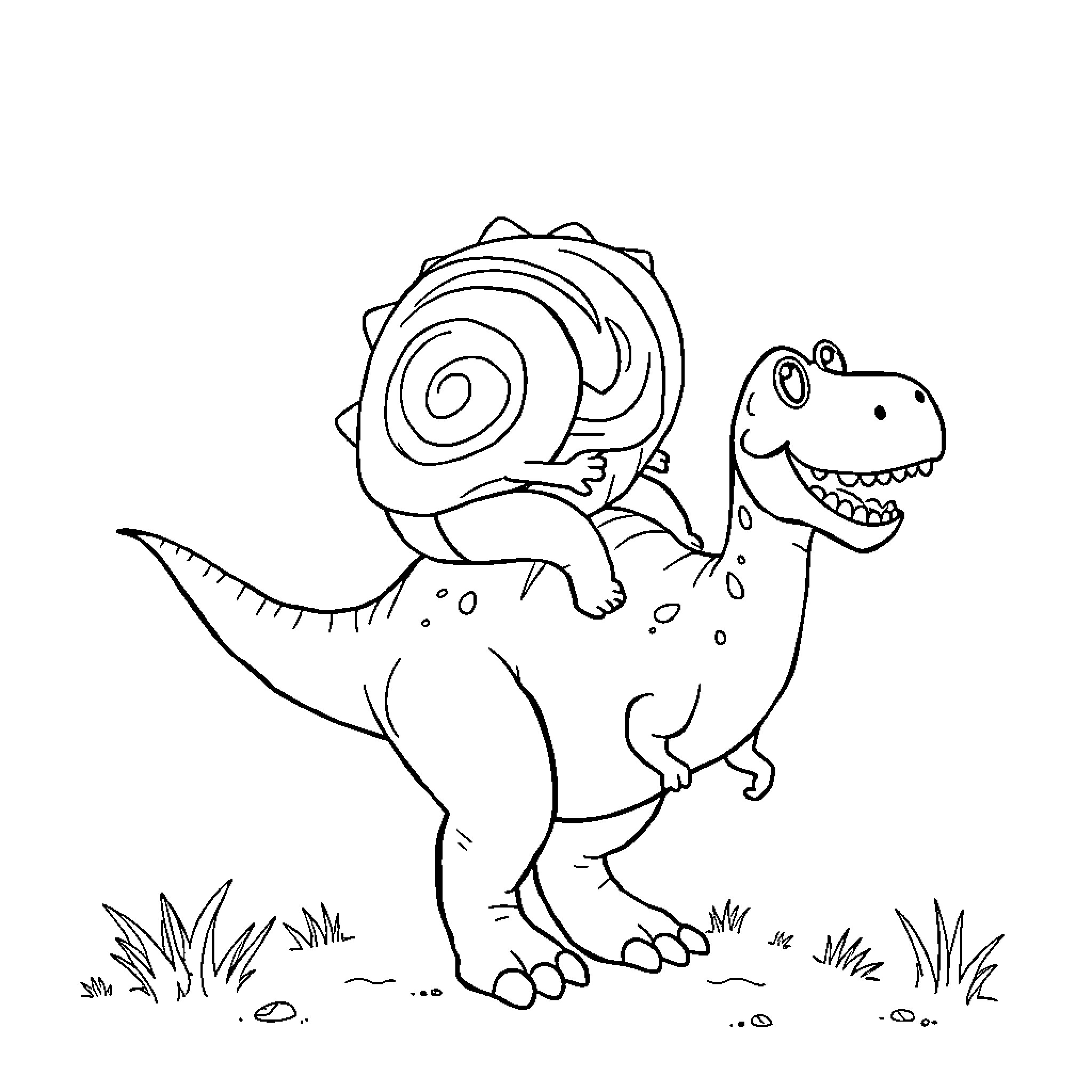 Cinnamonroll playing with happy dinosaur on grass Coloring Page (free black-and-white line drawing printable PDF for all, from beginners to advanced learners, including children, teens, adults, and seniors)