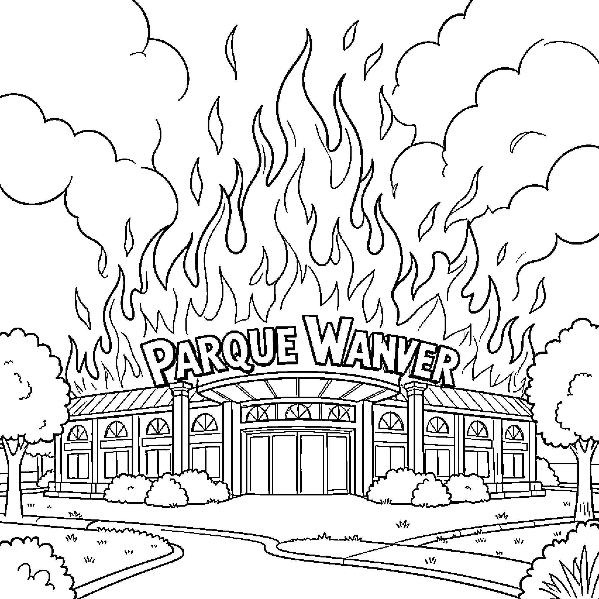 Parque Warner building surrounded by large flames and smoke Coloring Page (free black-and-white line drawing printable PDF for all, from beginners to advanced learners, including children, teens, adults, and seniors)