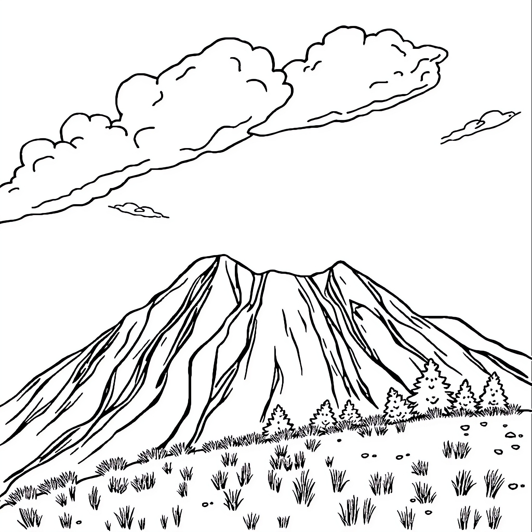 Te Amo Ely: Majestic Mountain Landscape with Cloudy Skies Coloring Page (free black-and-white line drawing printable PDF for all, from beginners to advanced learners, including children, teens, adults, and seniors)