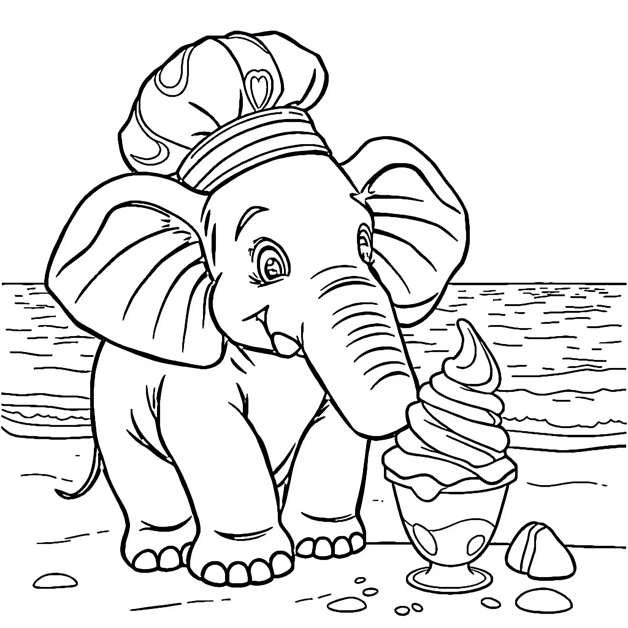 Elephant enjoying an ice cream cone on the beach Coloring Page (free black-and-white line drawing printable PDF for all, from beginners to advanced learners, including children, teens, adults, and seniors)