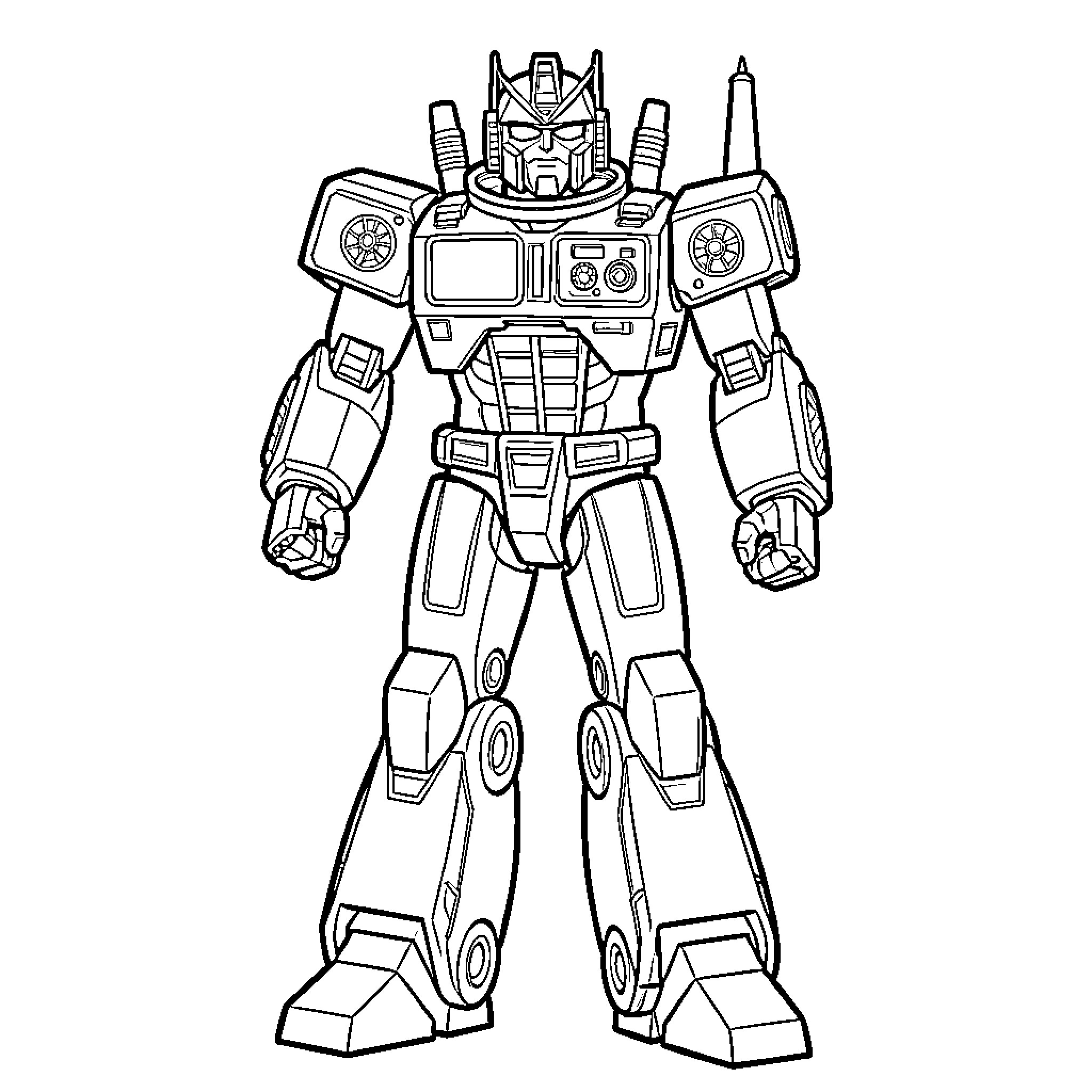 Optimus Prime in combat mode with weaponry Coloring Page (free black-and-white line drawing printable PDF for all, from beginners to advanced learners, including children, teens, adults, and seniors)