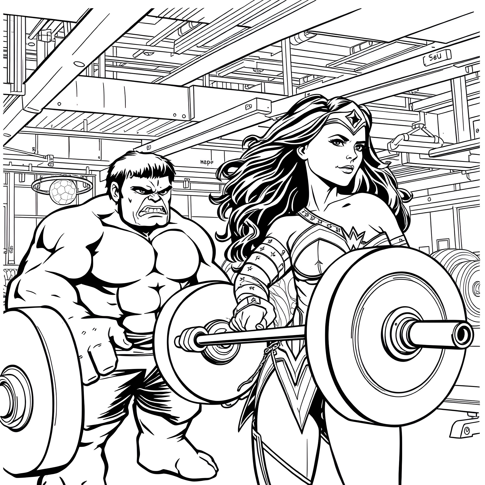 Hulk and Wonder Woman Powerlifting in Gym Coloring Page (free black-and-white line drawing printable PDF for all, from beginners to advanced learners, including children, teens, adults, and seniors)