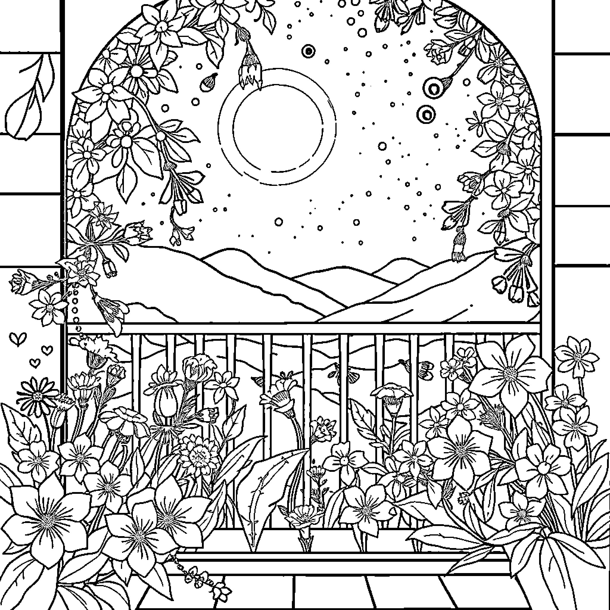 Balcony filled with vibrant blooms and celestial elements Coloring Page (free black-and-white line drawing printable PDF for all, from beginners to advanced learners, including children, teens, adults, and seniors)