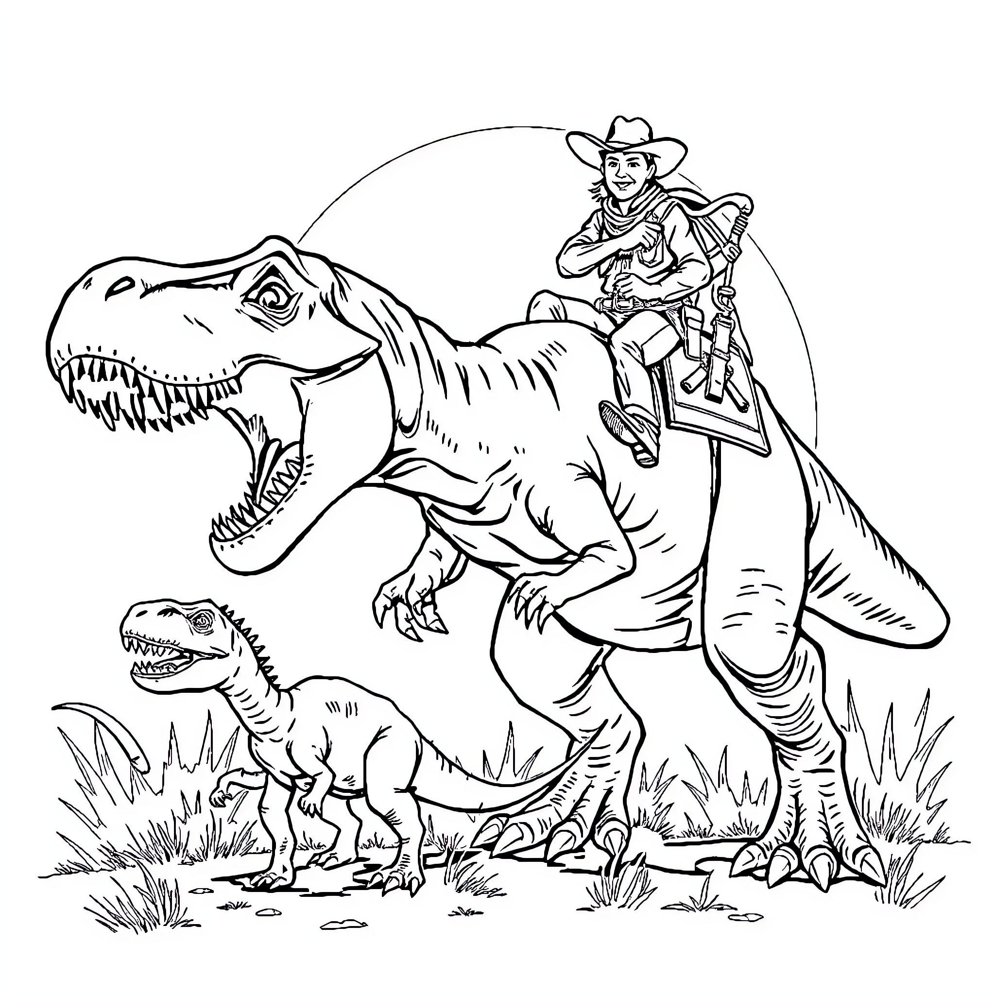 T-Rex Cowboy Rides Fearsome Dinosaur Coloring Page (free black-and-white line drawing printable PDF for all, from beginners to advanced learners, including children, teens, adults, and seniors)