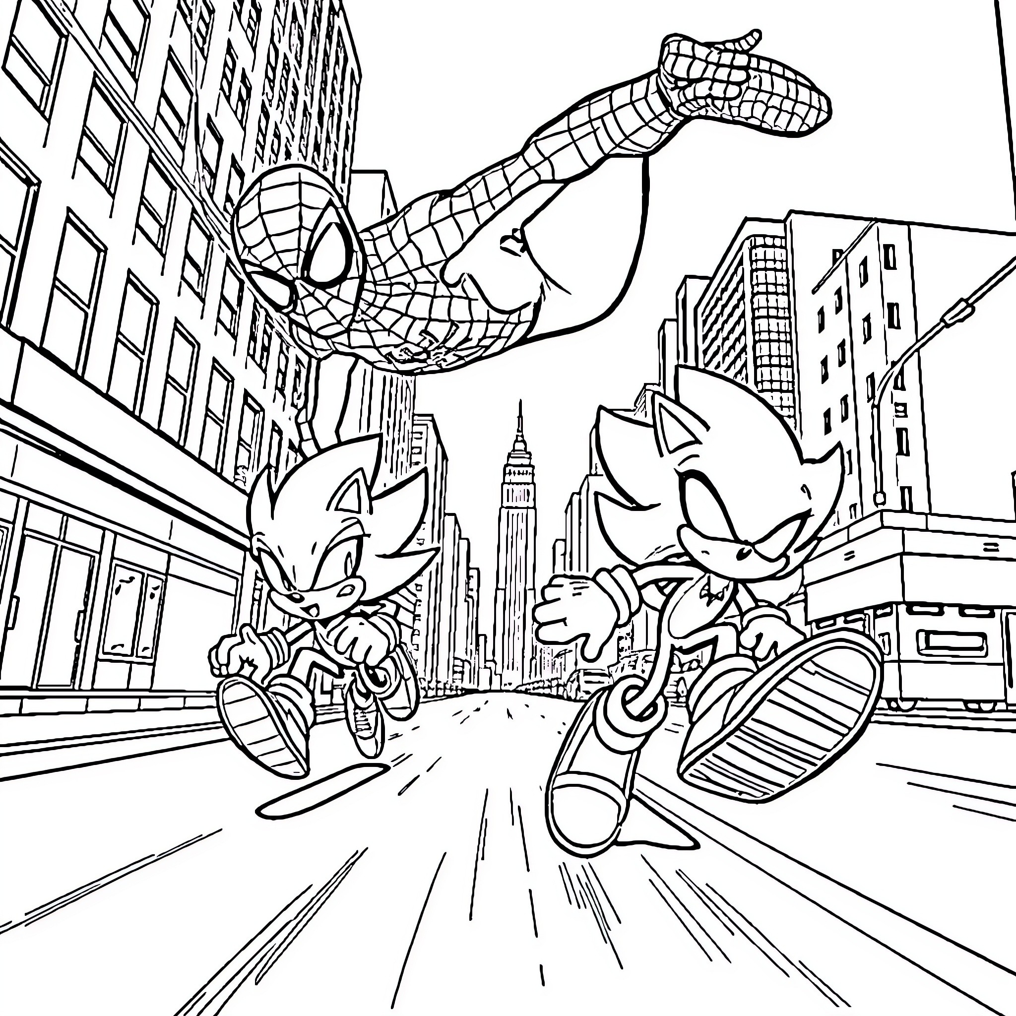 Spider-Man swinging through the city with Sonic the Hedgehog Coloring Page (free black-and-white line drawing printable PDF for all, from beginners to advanced learners, including children, teens, adults, and seniors)