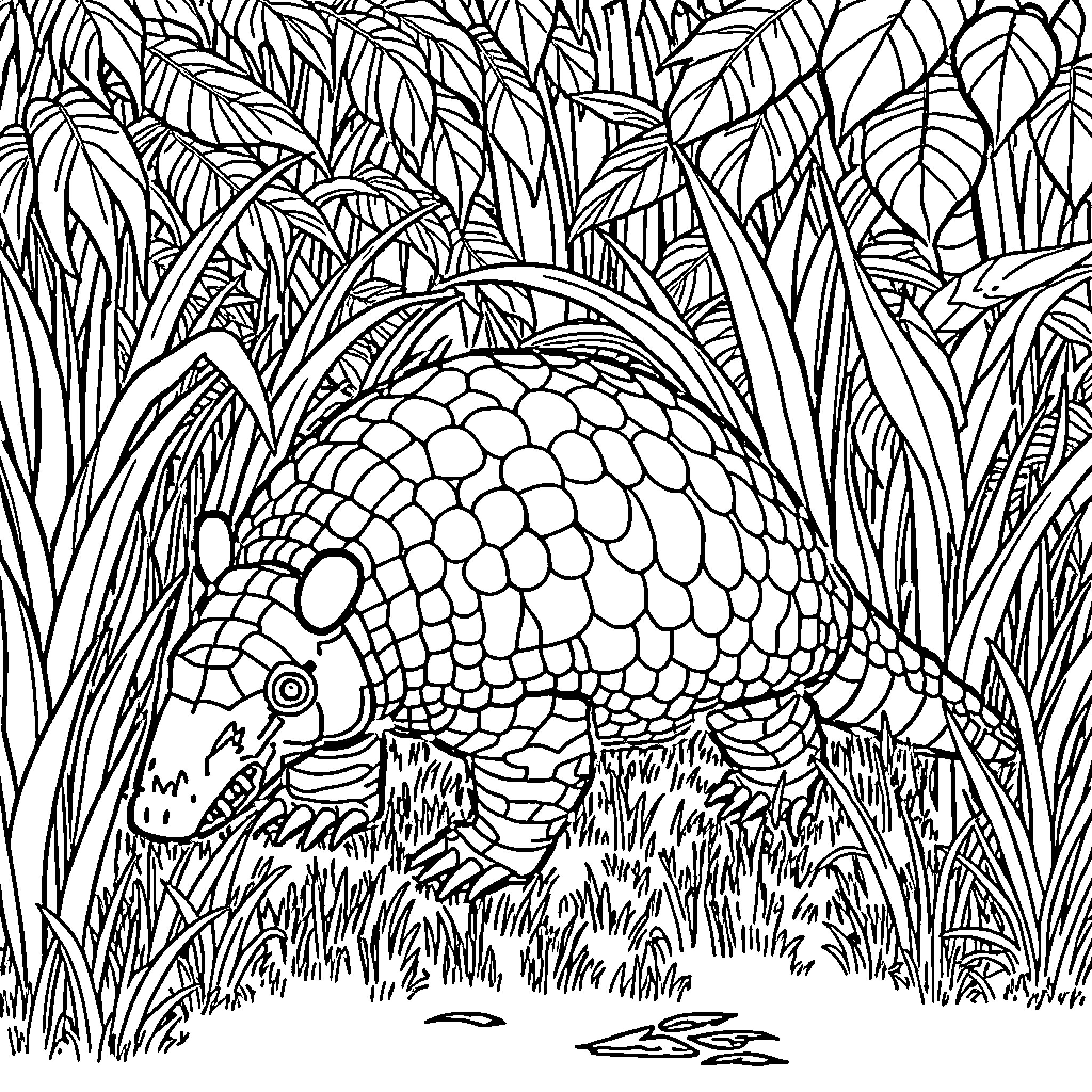 Armadillo exploring the lush foliage Coloring Page (free black-and-white line drawing printable PDF for all, from beginners to advanced learners, including children, teens, adults, and seniors)