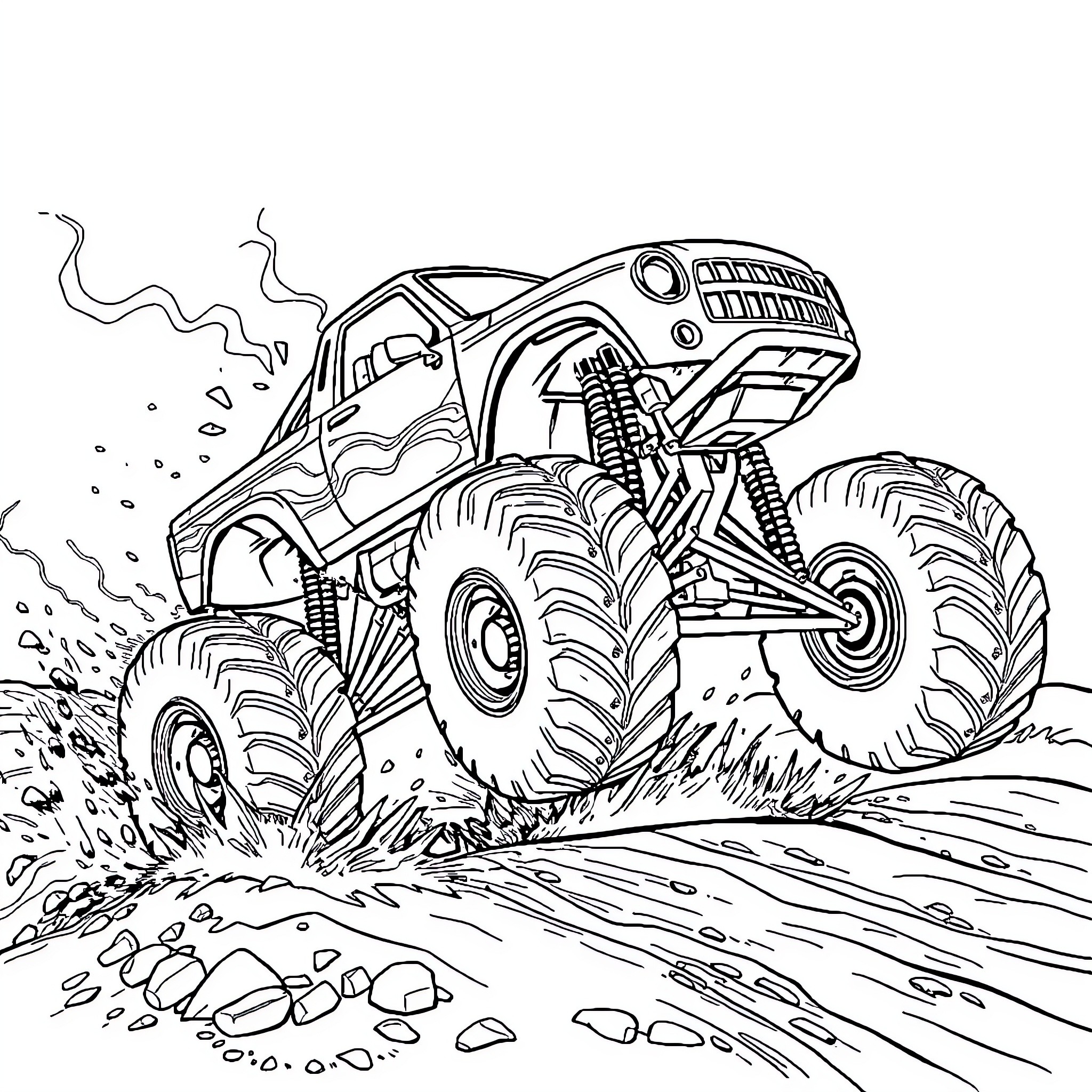 Monster Truck Crushing Rugged Terrain Coloring Page (free black-and-white line drawing printable PDF for all, from beginners to advanced learners, including children, teens, adults, and seniors)